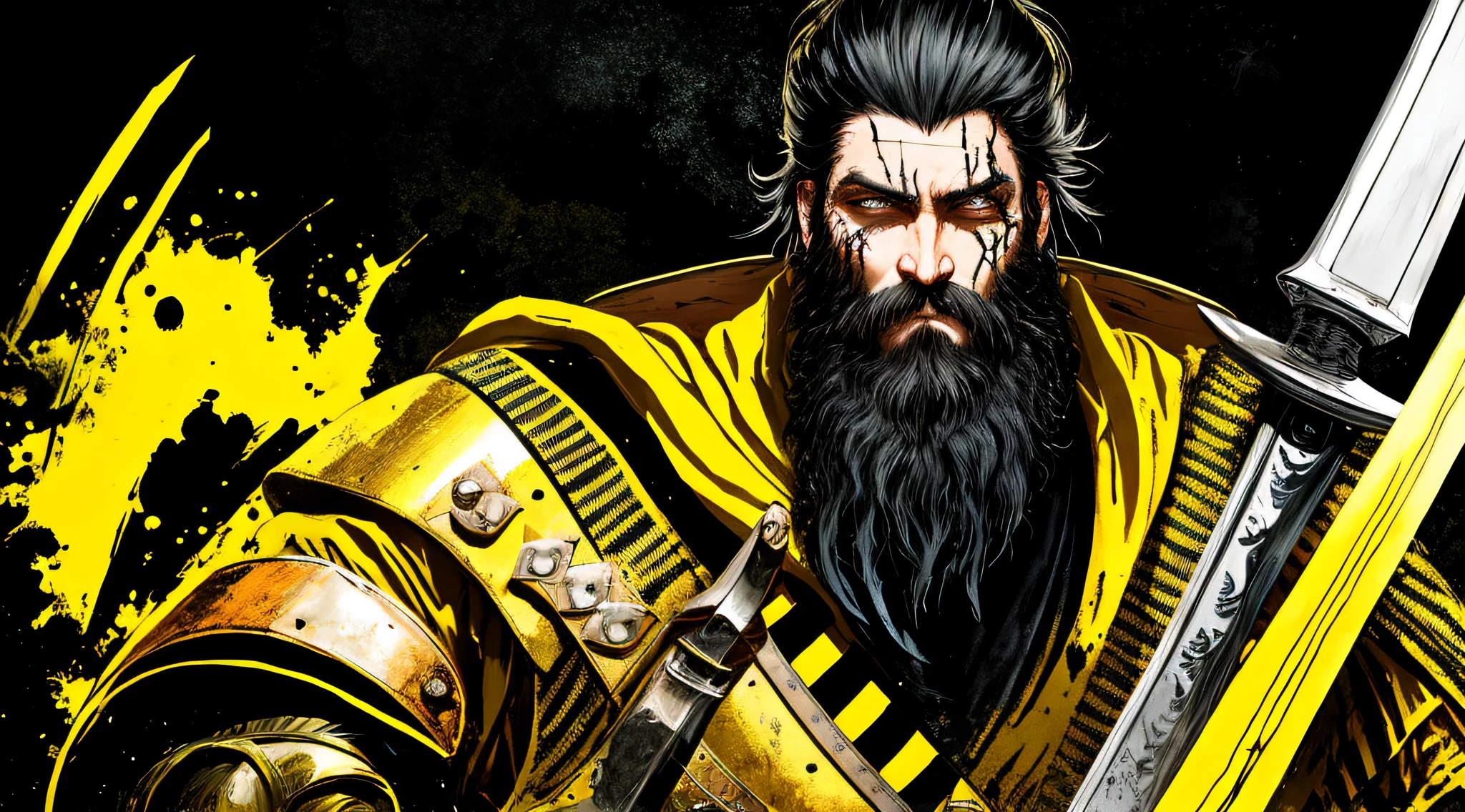 yellow and black, a medieval man, beard, scars in the face, medieval knight with a large sword, in the style of Mork Borg, strong contrast, grunge dirty punk splash art, black metal zine