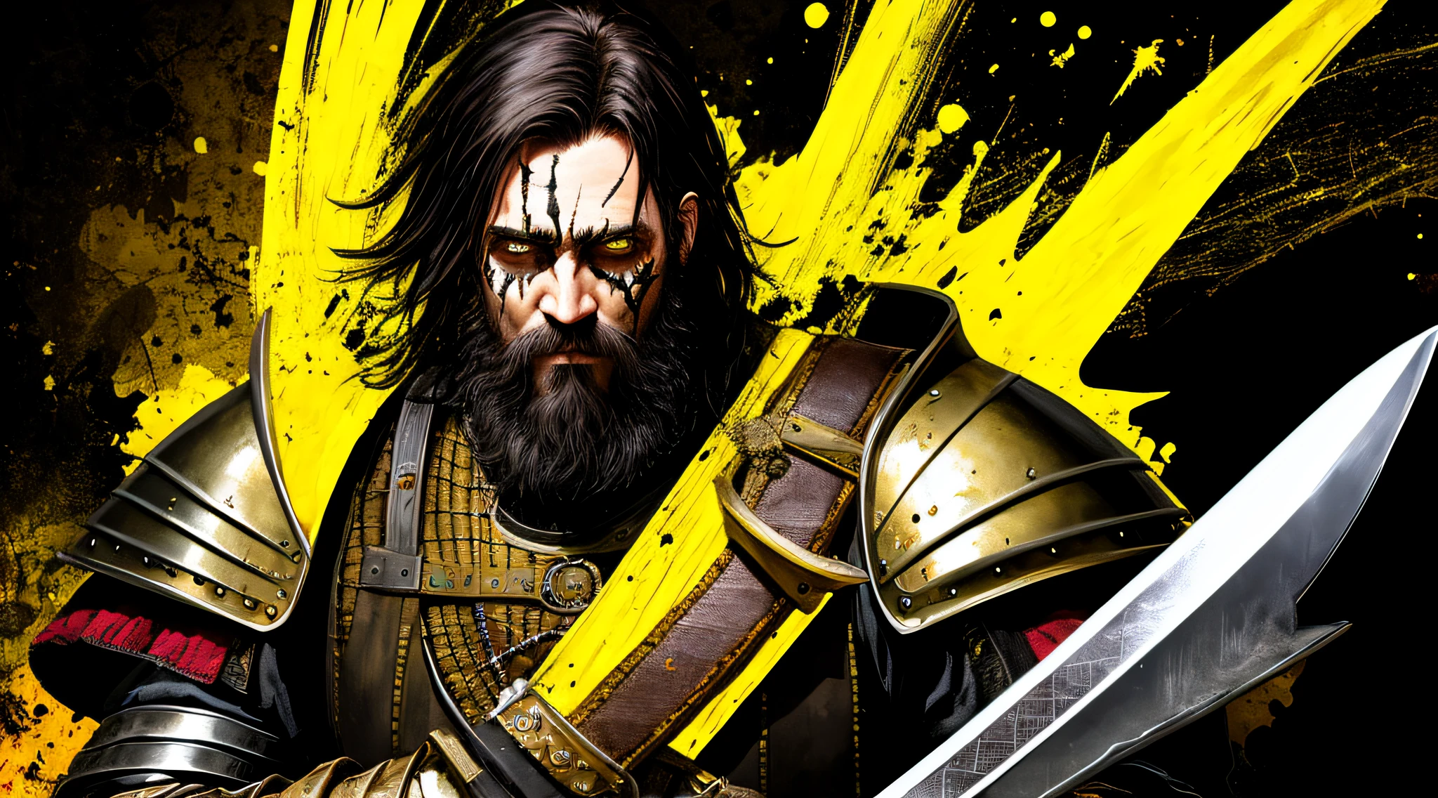 yellow and black, a medieval man, beard, scars in the face, medieval knight with a large sword, in the style of Mork Borg, strong contrast, grunge dirty punk splash art, black metal zine