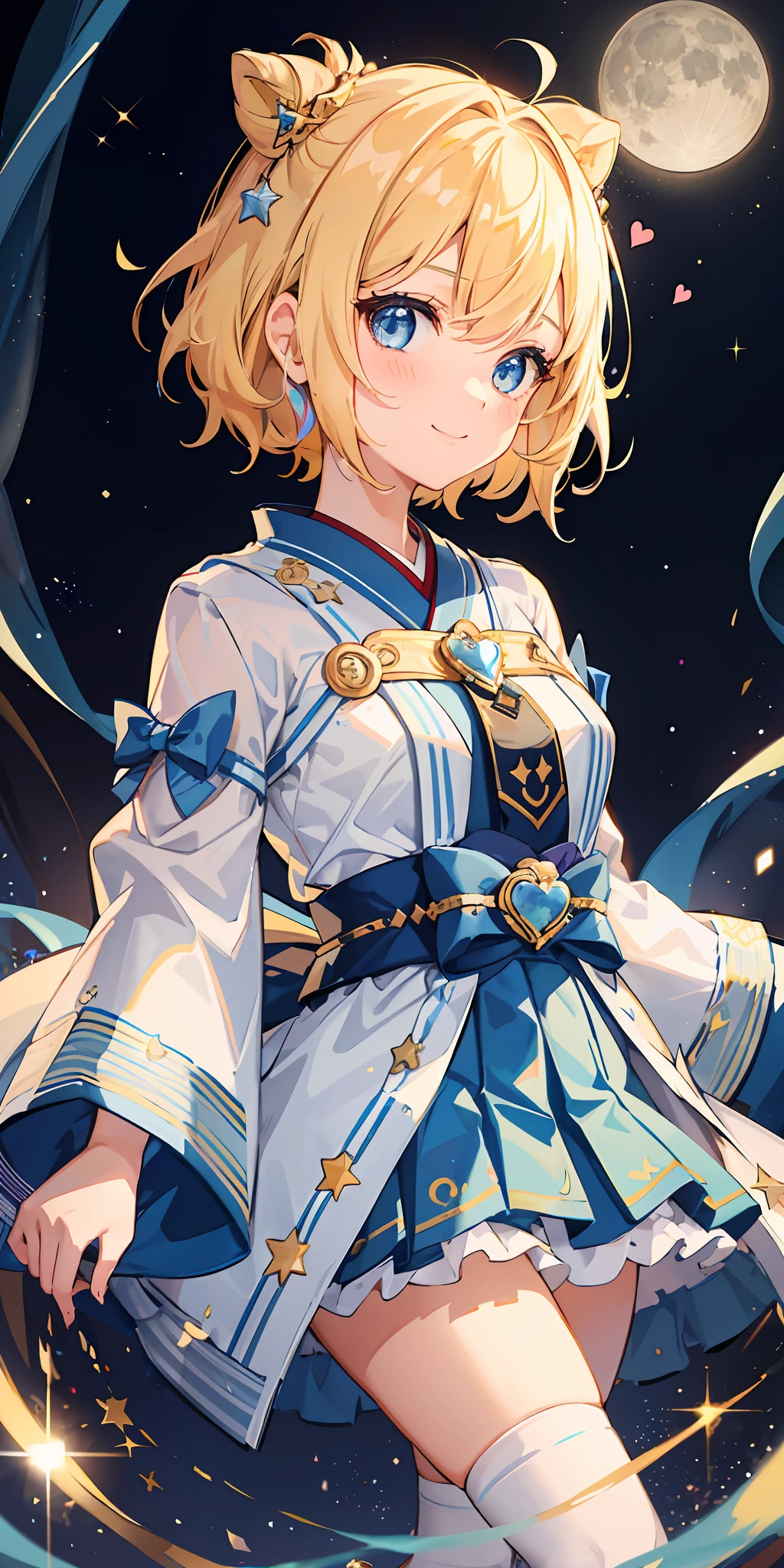 1girl, bright, blonde, light blue eyes, heart motif, star, moon, short hair, uniform bangs, multicolored hair, princess, saleme, side lights, light particles, wallpaper, big, plump, idol, idol costume, cute costume, fabulous costume, kimono, loose, smile, gentle, clear, loli, sexy