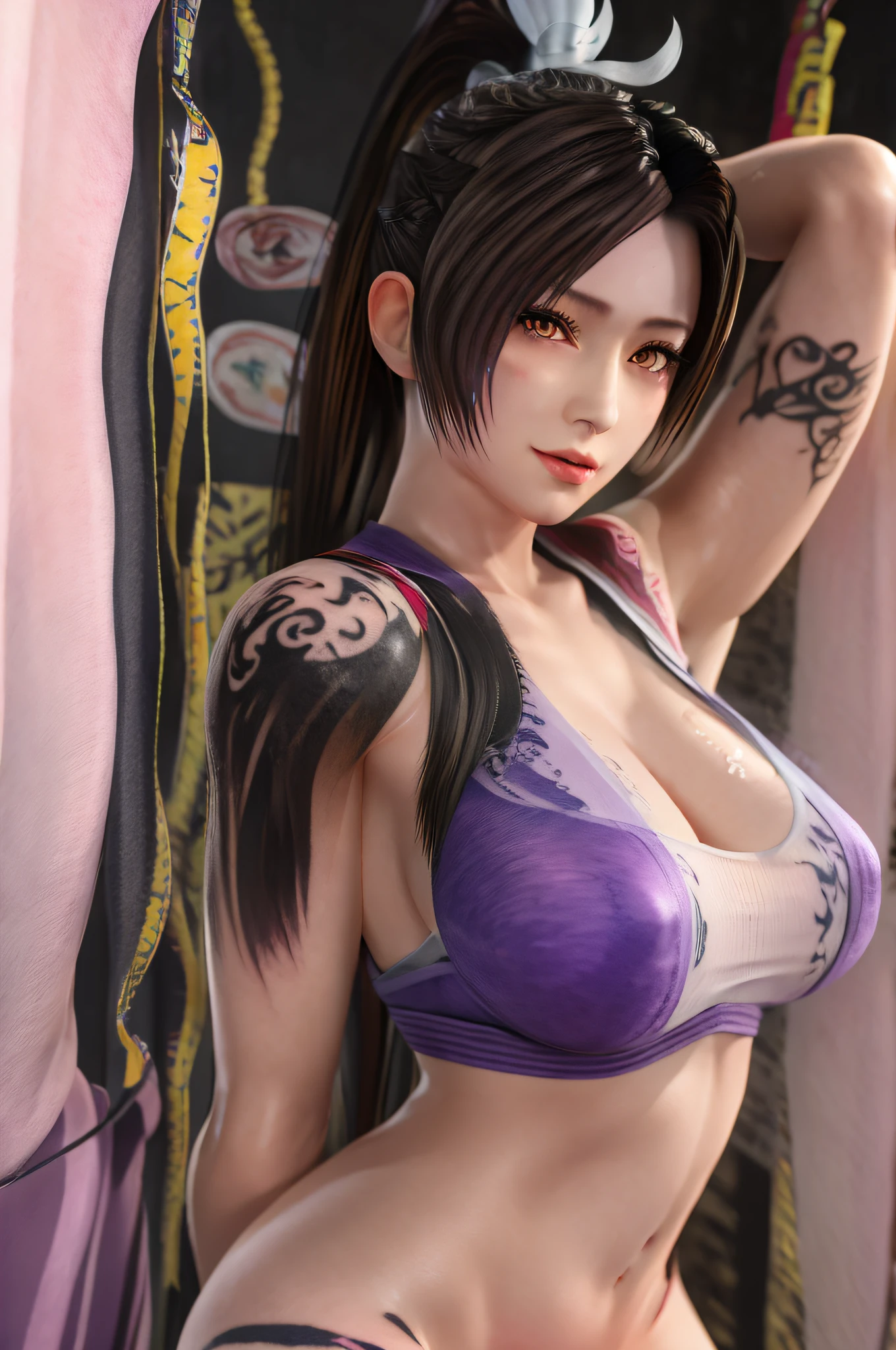Full body, solo, MaiShiranui, bangs, black hair, blunt bangs, (huge stacked breasts), lips, long hair, moles under the mouth, purple eyes, slightly dilated lips, smile, wear wet see-through white T-shirt, wet skin, Wet hair, Standing in the rainstorm, shame,(color-tattoos:1.5), (masterpiece: 1.4), (best quality: 1.4), real-life portrait photography, (shiny skin), looking at the viewer,Center,