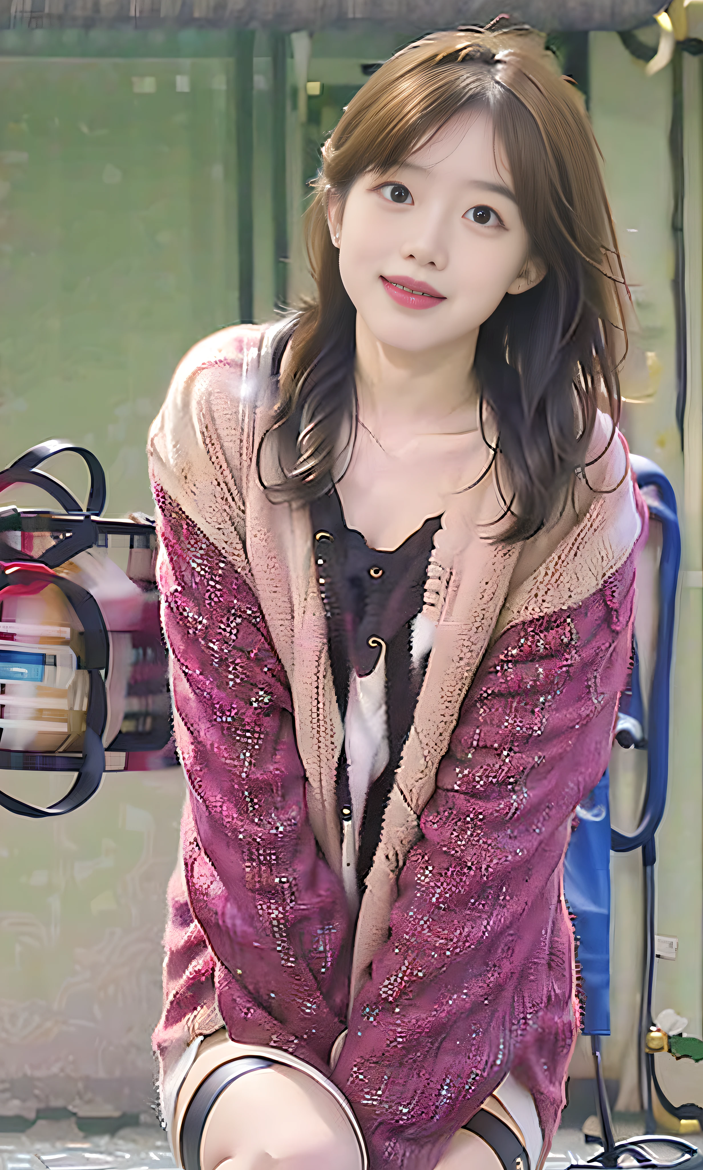 (8k, RAW photo, photorealistic:1.25) ,1gril,( Highly detailed face and skin texture,, fine eyes, double eyelids, whitened skin, long hair, lip gloss, eyelashes, glossy side, shiny skin, best quality, ultra-high resolution, depth of field, chromatic aberration, caustics, wide light, natural shadows, Kpop idol) ,((full body)), ((exposed thighs)) look at the audience with serenity and goddess-like happiness