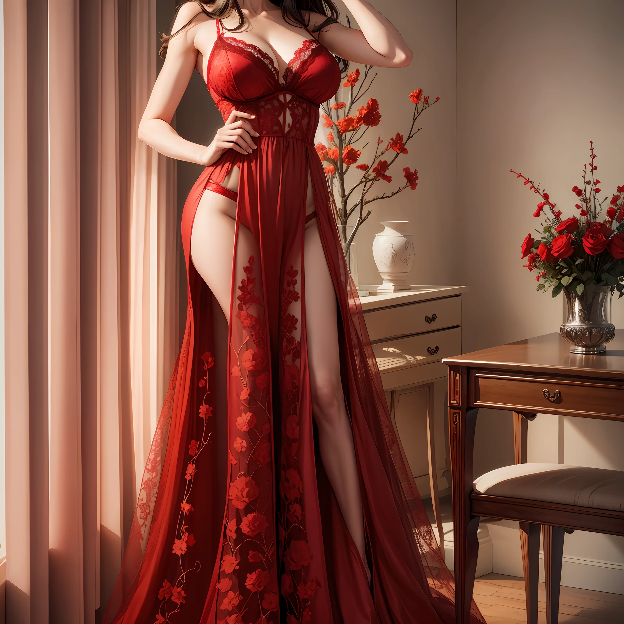 Tall and tall, full breasts, bedroom at night wearing clusters of red lace flowers --auto --s2