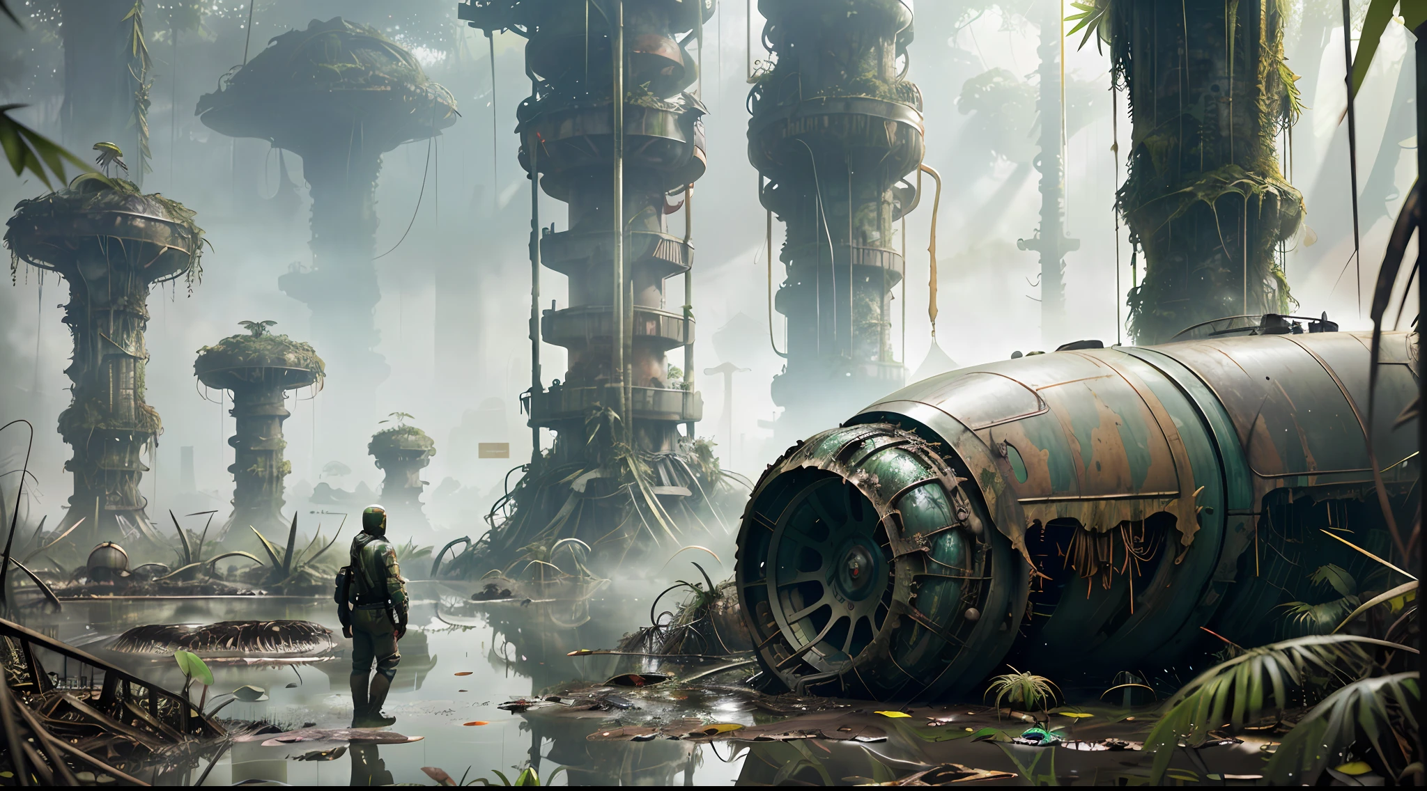 stalenhag, (dense alien jungle swamp:1.3), old destroyed parts rust atom nuclear, sci-fi, knots colorfully raw surface, smooth round shapes, hdr, 8k, 4k, octane renderer, huge detailed, artstation