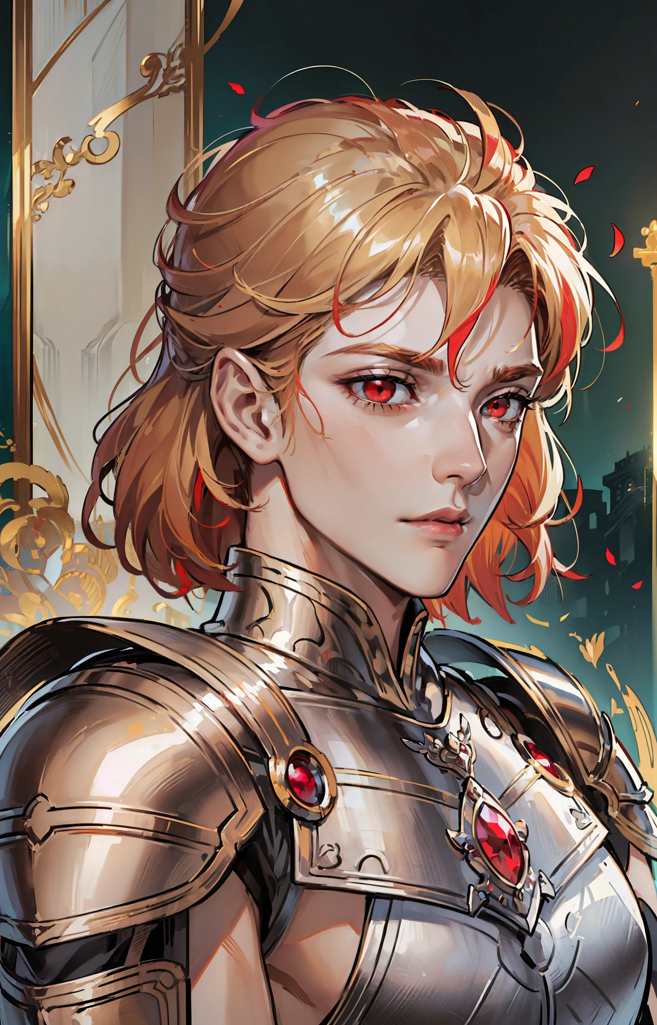 kk, best quality, more details, masterpiece, 1 man, portrait, male focus, (((man, armor))) red eyes like rubies, solo, straight bangs, look at the viewer, noble clothes (((KNIGHT ARMOR))), short straight hair, (((fantasy city, palace))), highlights, (holding a silver sword), (((look would be, serious and beautiful red eyes,))) (((RED EYES))) (((RUBY EYES))) (((blond hair, golden, straight cut over shoulders, LAZIO))), luxurious, 8k, detailed, ray tracing, depth of field, cinematic lighting,
