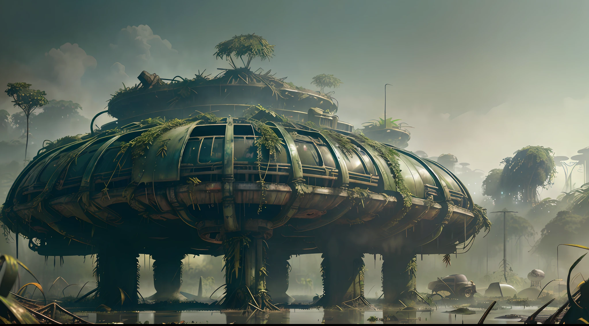 stalenhag, (dense alien jungle swamp:1.3), old destroyed parts rust atom nuclear, sci-fi, knots colorfully raw surface, smooth round shapes, hdr, 8k, 4k, octane renderer, huge detailed, artstation