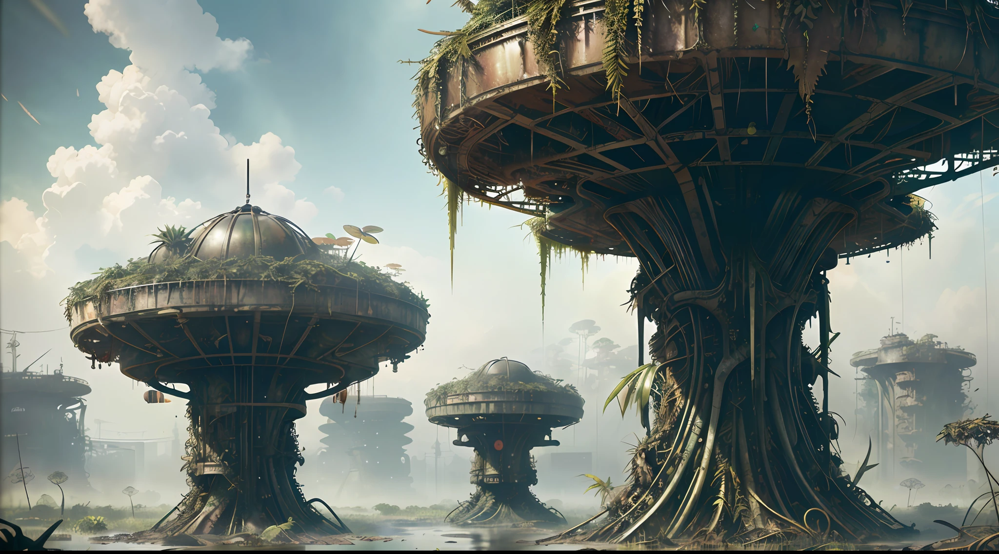stalenhag, (dense alien jungle swamp:1.3), old destroyed parts rust atom nuclear, sci-fi, knots colorfully raw surface, smooth round shapes, hdr, 8k, 4k, octane renderer, huge detailed, artstation