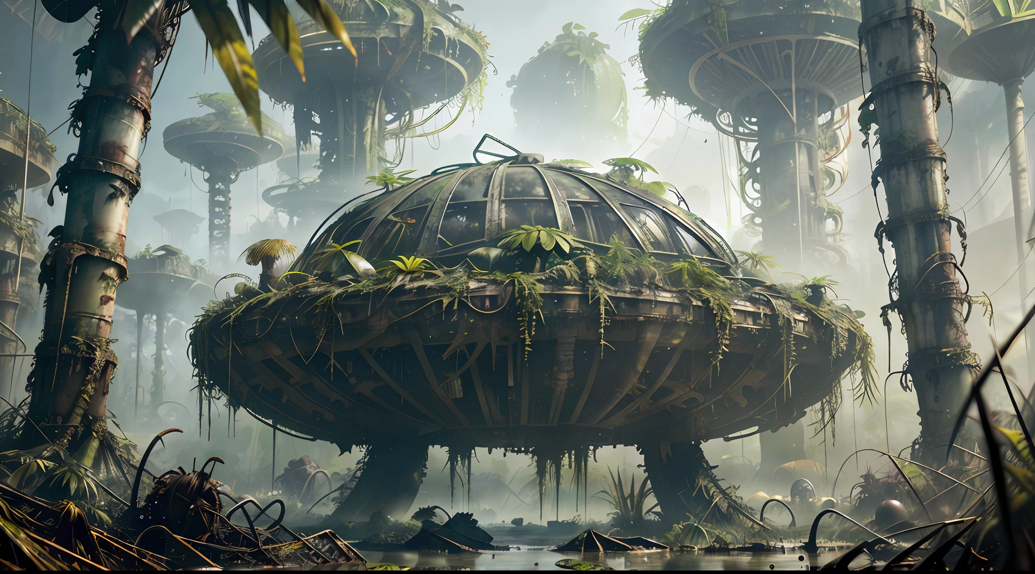 stalenhag, (dense alien jungle swamp:1.3), old destroyed parts rust atom nuclear, sci-fi, knots colorfully raw surface, smooth round shapes, hdr, 8k, 4k, octane renderer, huge detailed, artstation