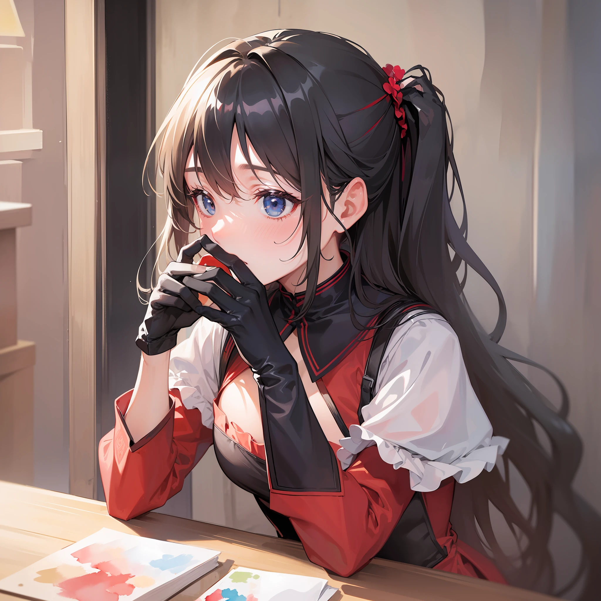 (Masterpiece, Top Quality, Best Quality, Watercolor (Medium), Official Art, Black Gloves, Red Dress, Blow Her's Nose with a Tissue