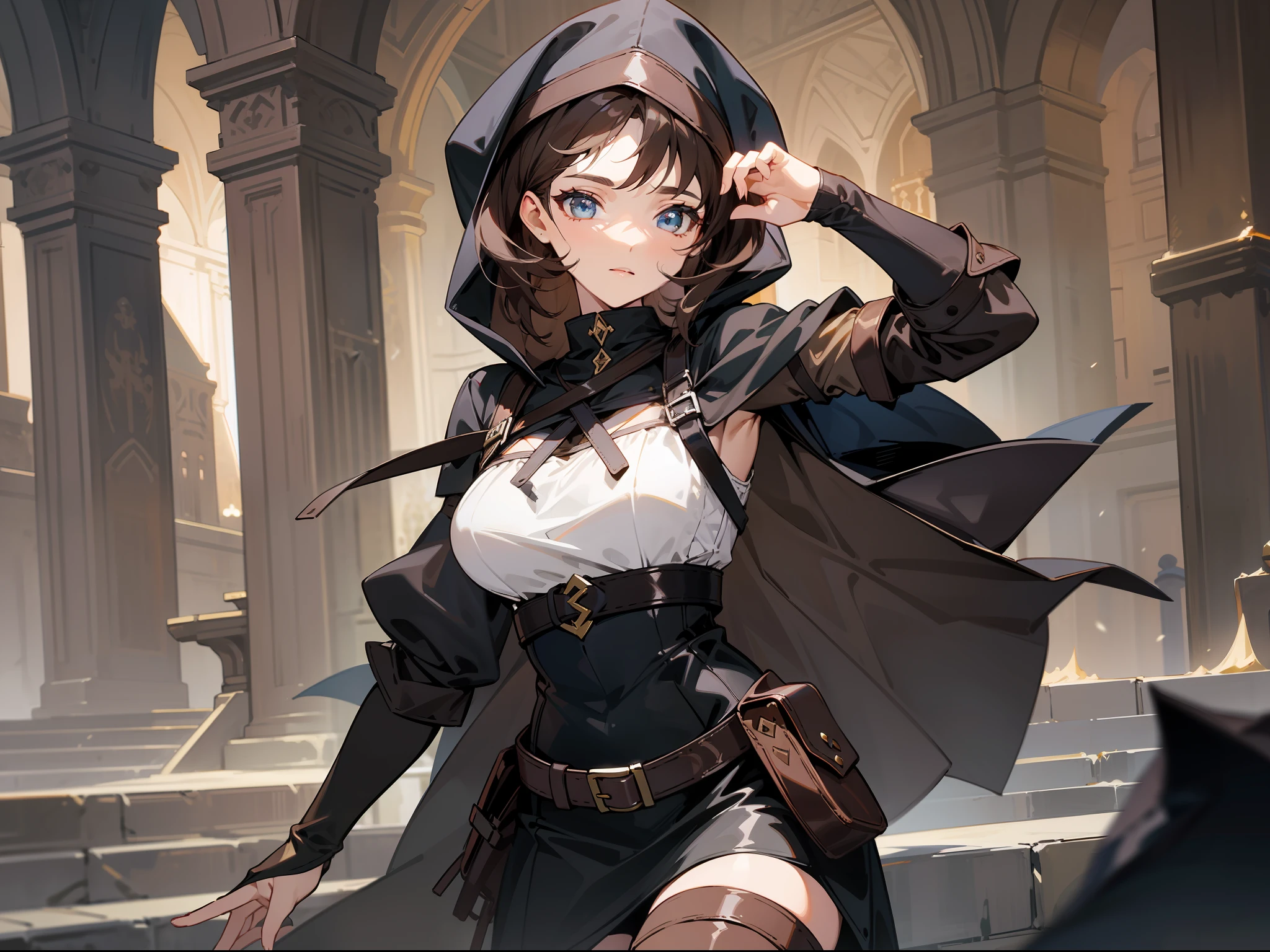 masterpiece, best quality, a mature woman, dark brown hair, light eyes, ladina, black clothing, black hood, leather armbands, belt, skirt, thigh-high height boots, costume, medieval, night, dynamic pose, beautiful detailed glow.