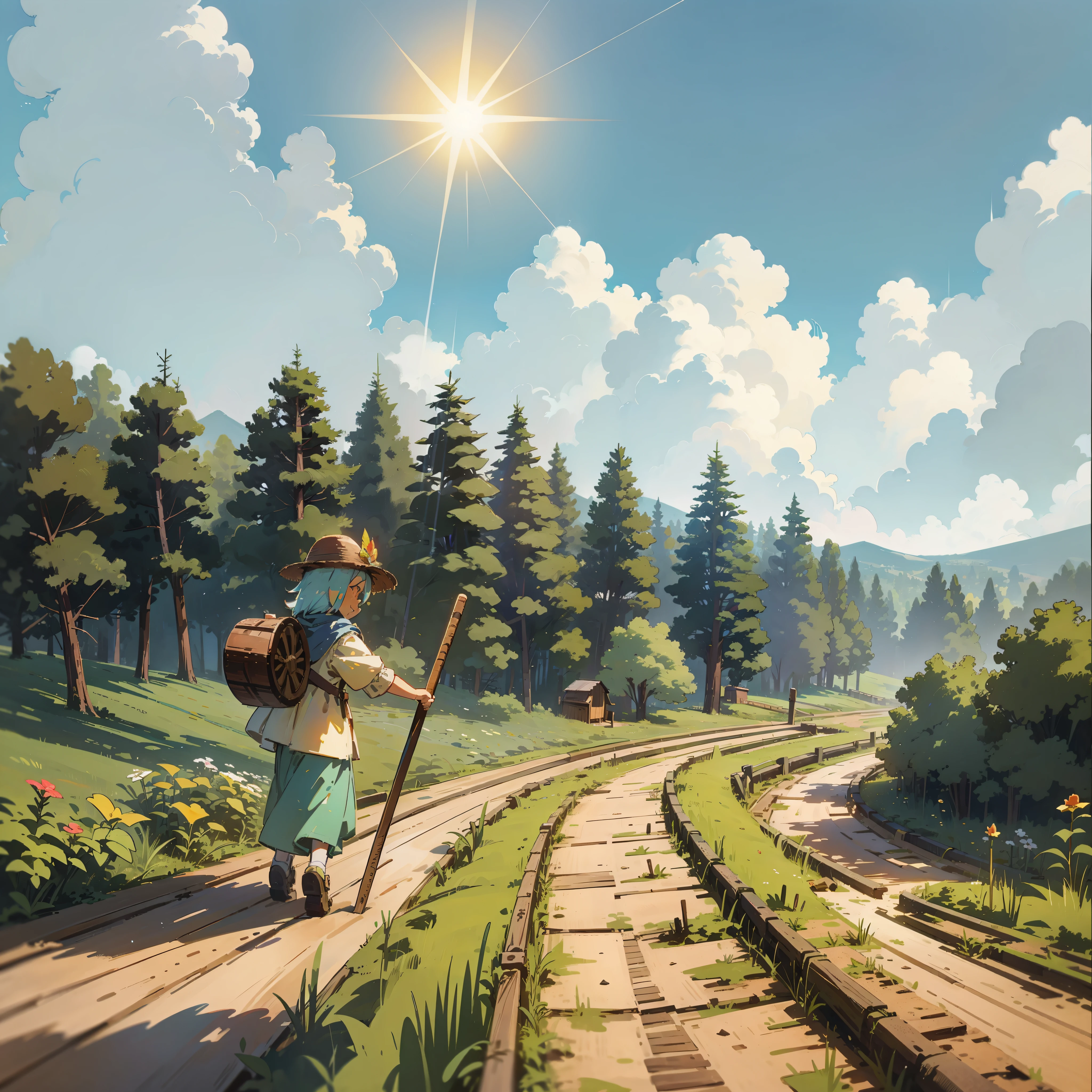 Forest, Terraces, Clouds, Wide Angle, Pioneer, Dirt Road, Traveling Merchant, Back, Go Forward, Wooden Cane, Ray Tracing, Comics, 3D Rendering, Cartoon, Cute Style, Sunny, Outdoor, Detailed, 4K, HD, High Quality