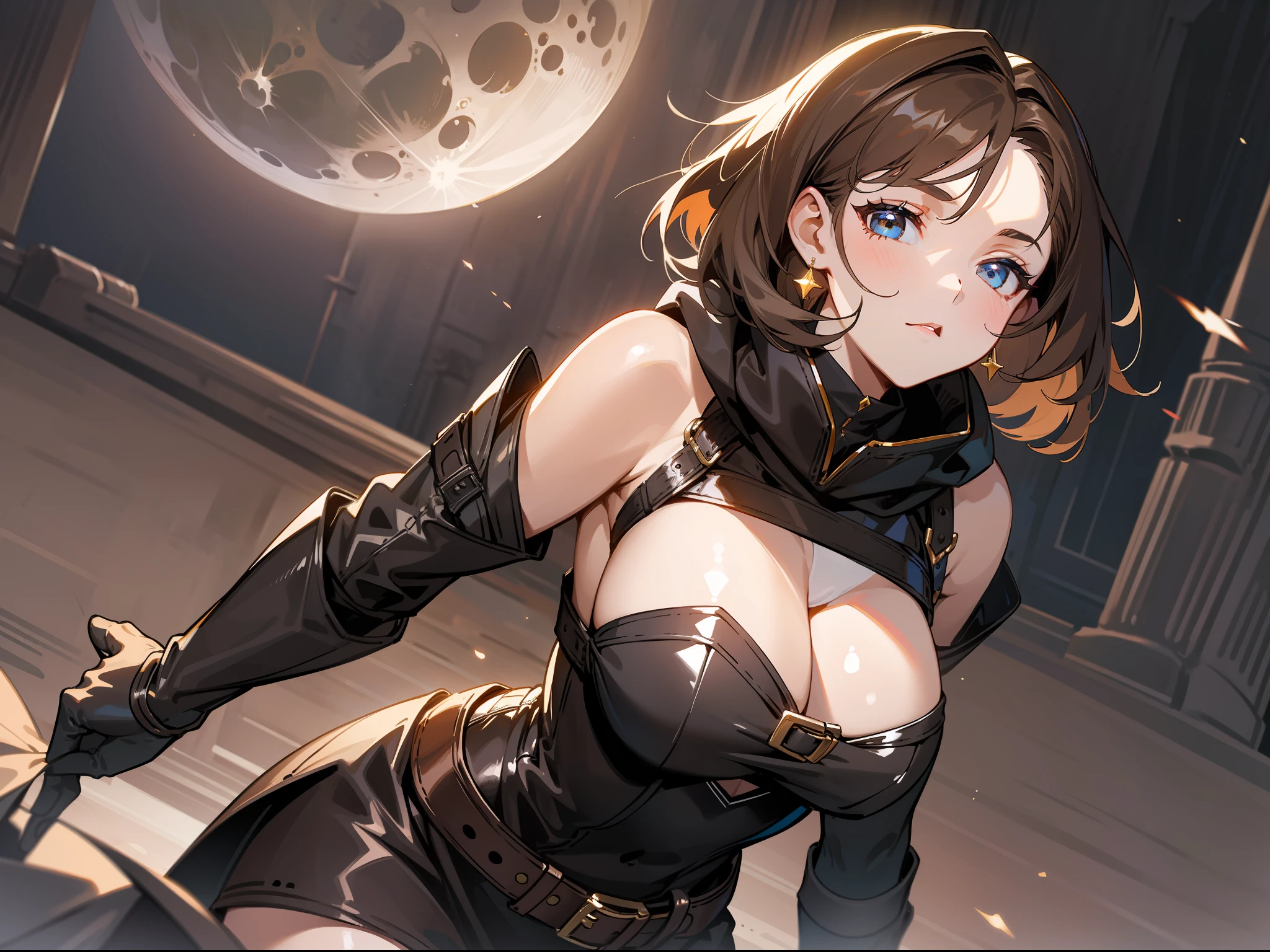 masterpiece, best quality, a mature woman, dark brown hair, light eyes, ladina, black clothing, black hood, leather armbands, belt, skirt, thigh-high boots, costume, medieval, night, moon, dynamic pose, beautiful detailed glow.