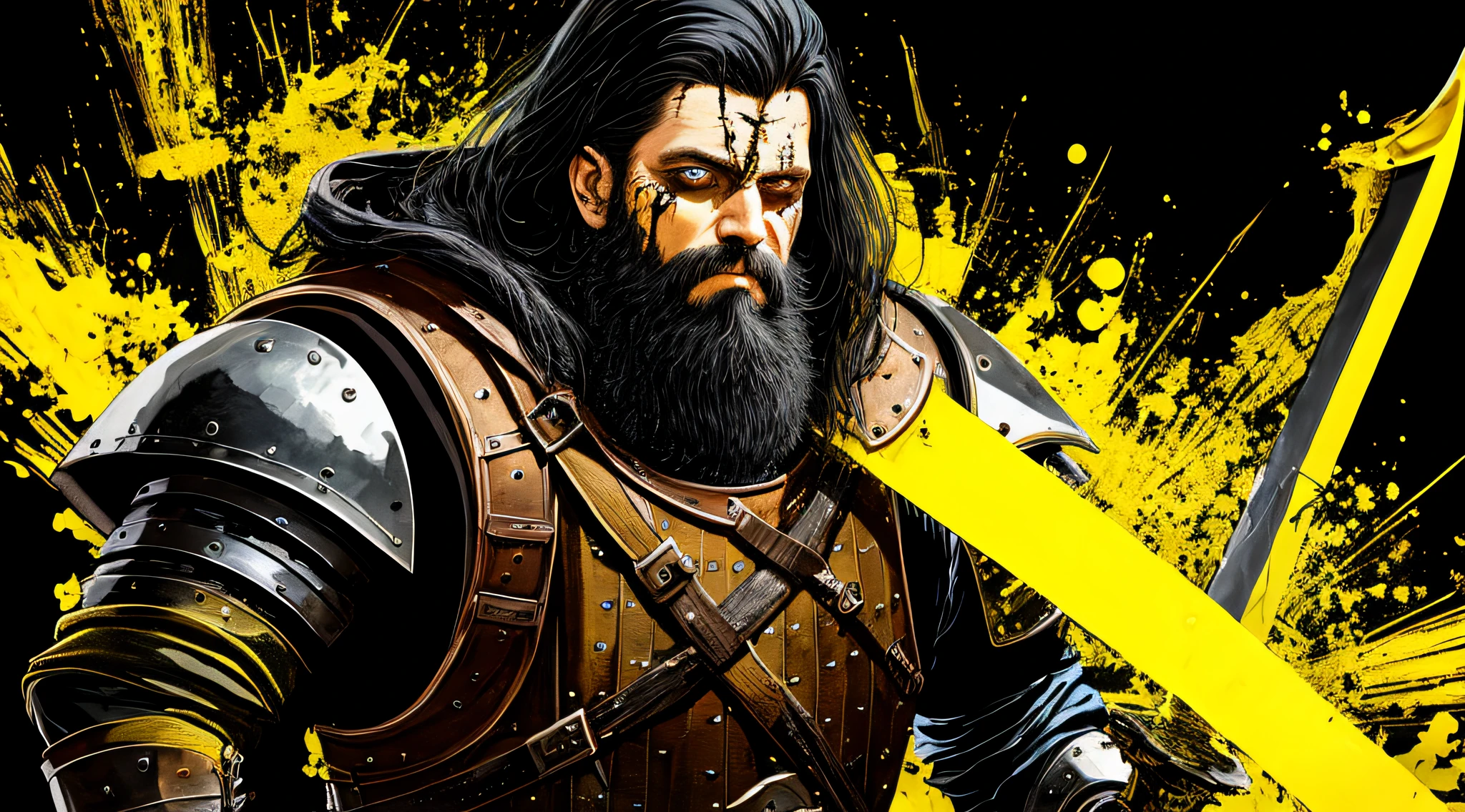 yellow and black, a medieval man, beard, scars in the face, medieval knight with a large sword, in the style of Mork Borg, strong contrast, grunge dirty punk splash art, black metal zine