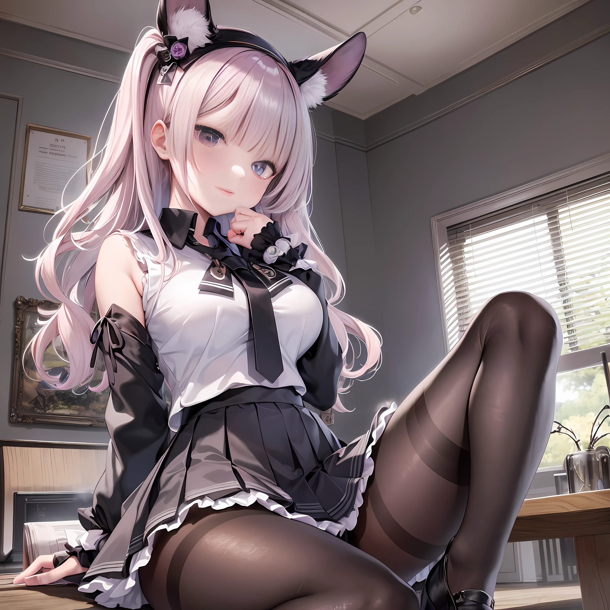 Masterpiece, best quality, official art, extremely detailed CG Unity 8k wallpaper, incredibly_absurdres, huge_filesize, art book, light, solo, , purple headband, blunt bangs, medium hair, platinum blonde hair, double tails, cute face, look at the audience, laugh, pink eyes, glowing eyes, medium breasts, school uniform, pleated_skirt, cross laced_footwear, Black pantyhose, watch, necklace, wariza / w-sitting, detailed eyes, beautiful eyes
