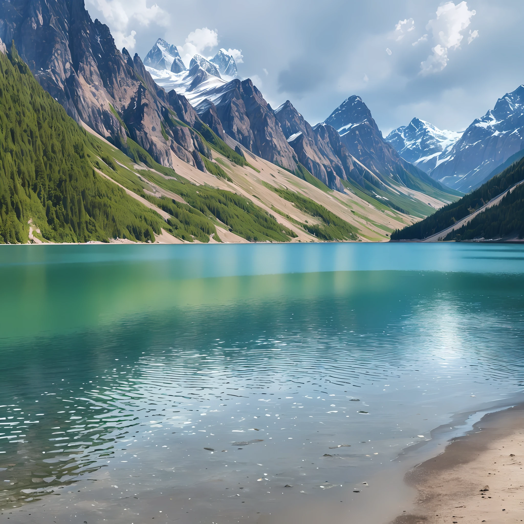 8k, ultra realistic, highly detailed, masterpiece,top quality, high resolution,a lake , mountain,cold & rainy weather,no people,very peaceful, transparent water of Lake ,a beach --auto --s2