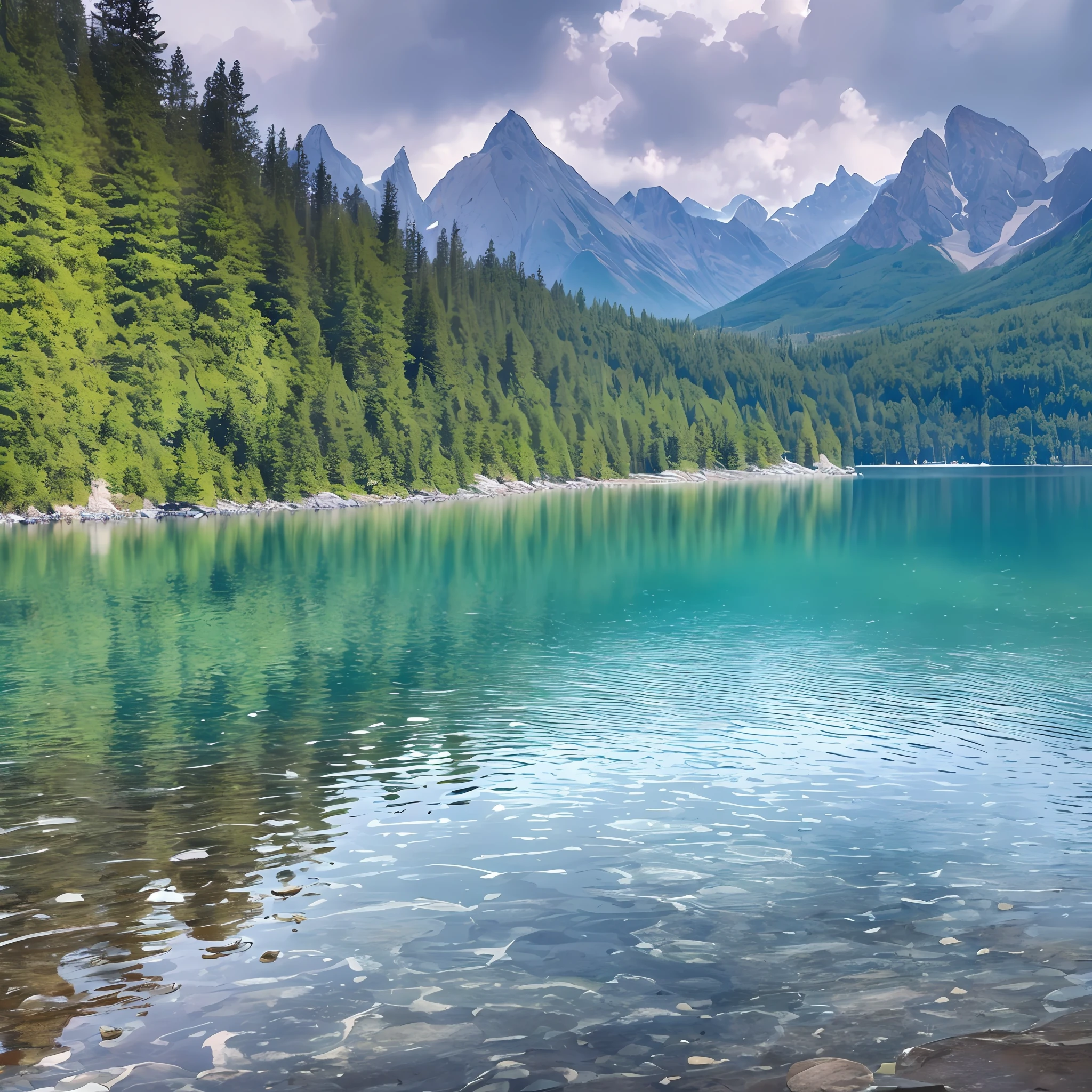 8k, ultra realistic, highly detailed, masterpiece,top quality, high resolution,a lake , mountain,cold & rainy weather,no people,very peaceful, transparent water of Lake ,a beach --auto --s2