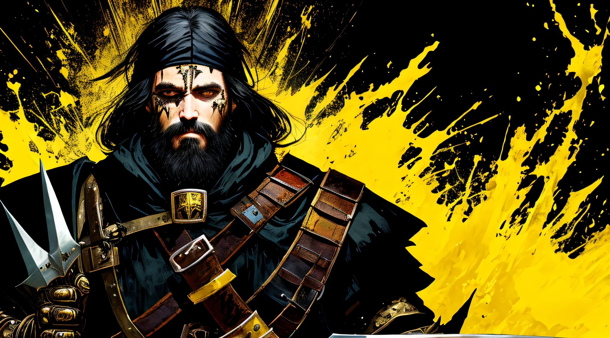 yellow and black, a medieval man, beard, scars in the face, medieval knight with a large sword, in the style of Mork Borg, strong contrast, grunge dirty punk splash art, black metal zine