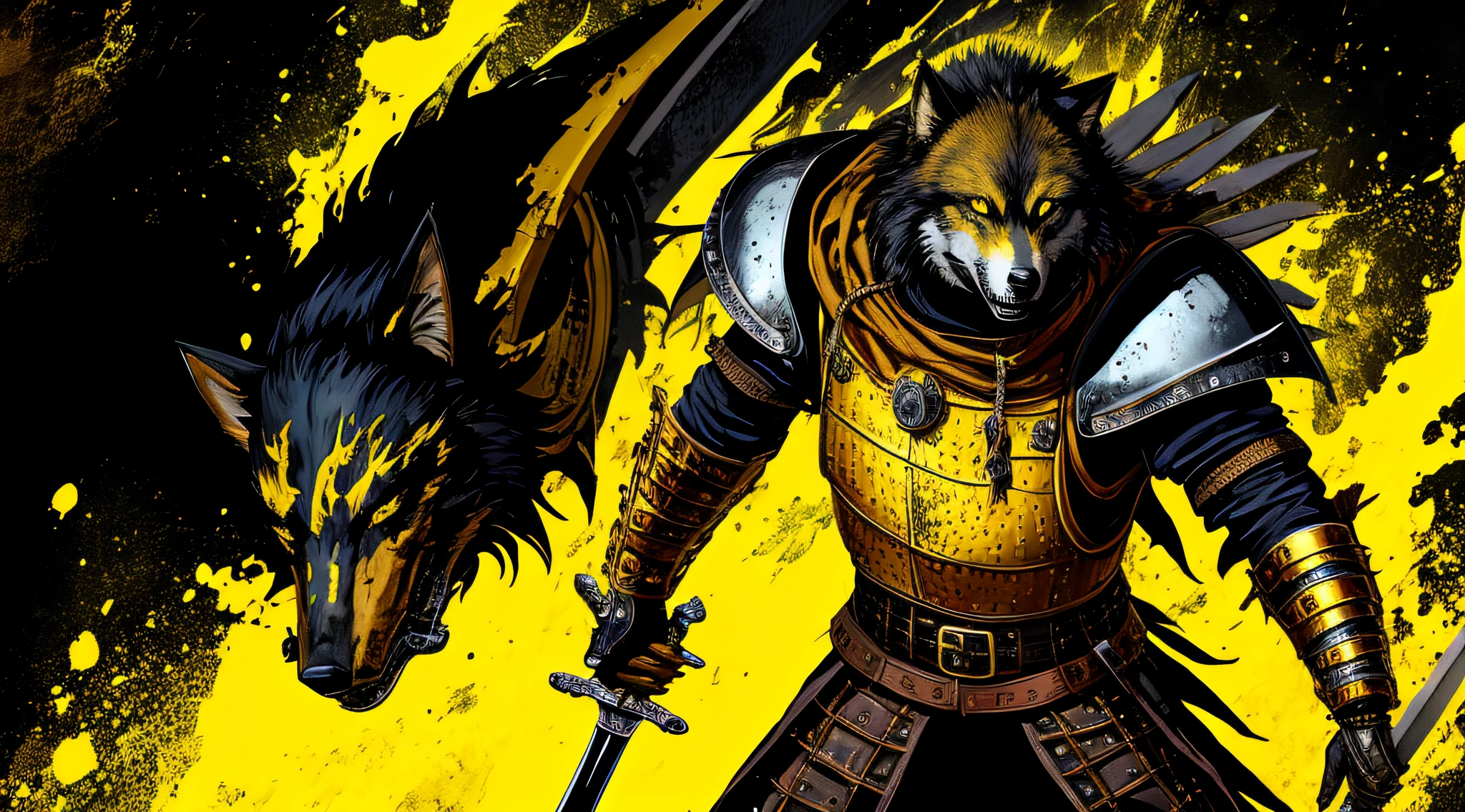 yellow and black, a medieval man, wolf head, medieval armor, with a large sword, in the style of Mork Borg, strong contrast, grunge dirty punk splash art, black metal zine
