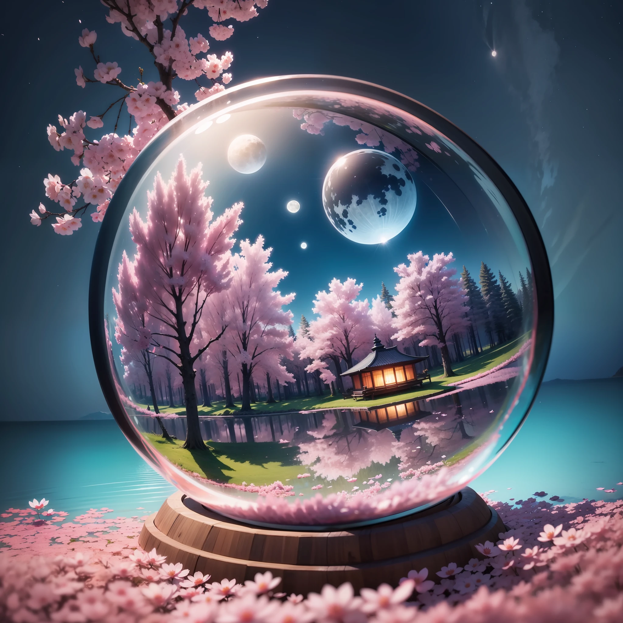 Landscape inside a glass globe, beautiful landscape with pink and flowering cherry trees, the shore of a very bluish lake, with orange and black carp, the lake has typical stones of park lakes, sky illuminated by a full moon, cheerful, night, realistic, ultra realistic, 4K --auto --s2