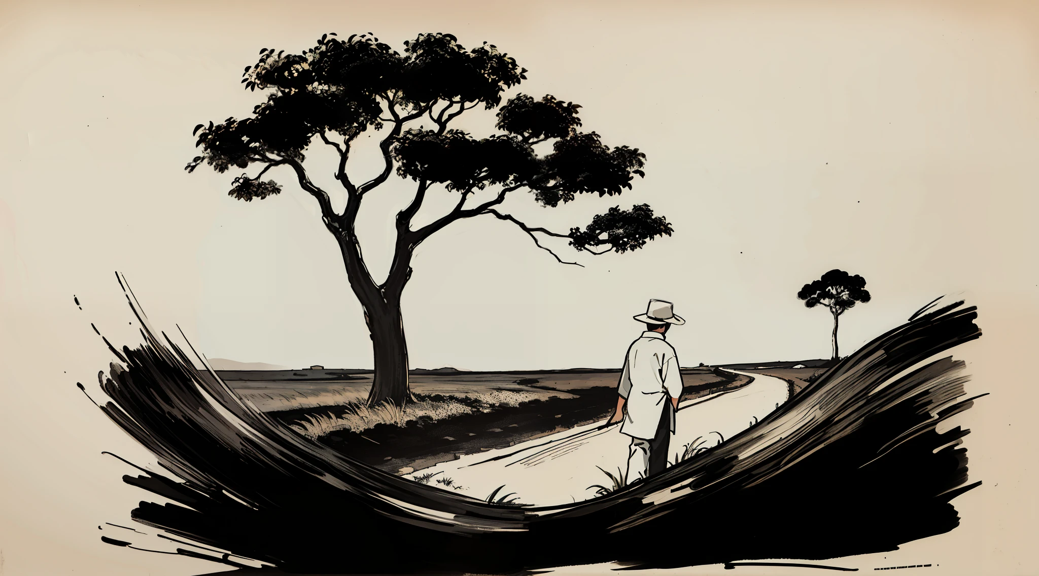 image of a family with 6 children, in front of their house, simple strokes, minimalist, Drawing of an abstract landscape in oriental style ink painting as practiced in Japanese art, Sumiê style