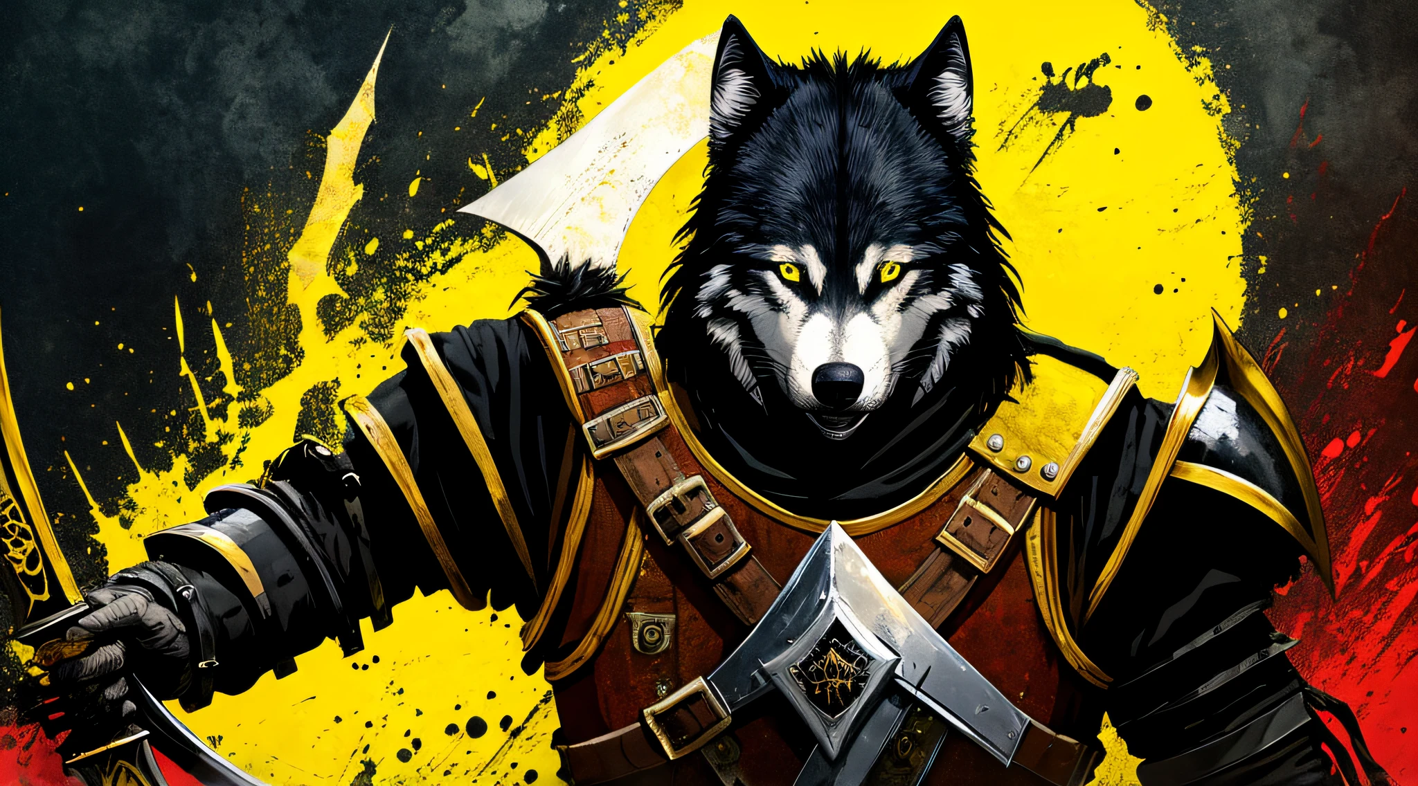 yellow and black, a medieval man, wolf head, medieval armor, with a large sword, in the style of Mork Borg, strong contrast, grunge dirty punk splash art, black metal zine