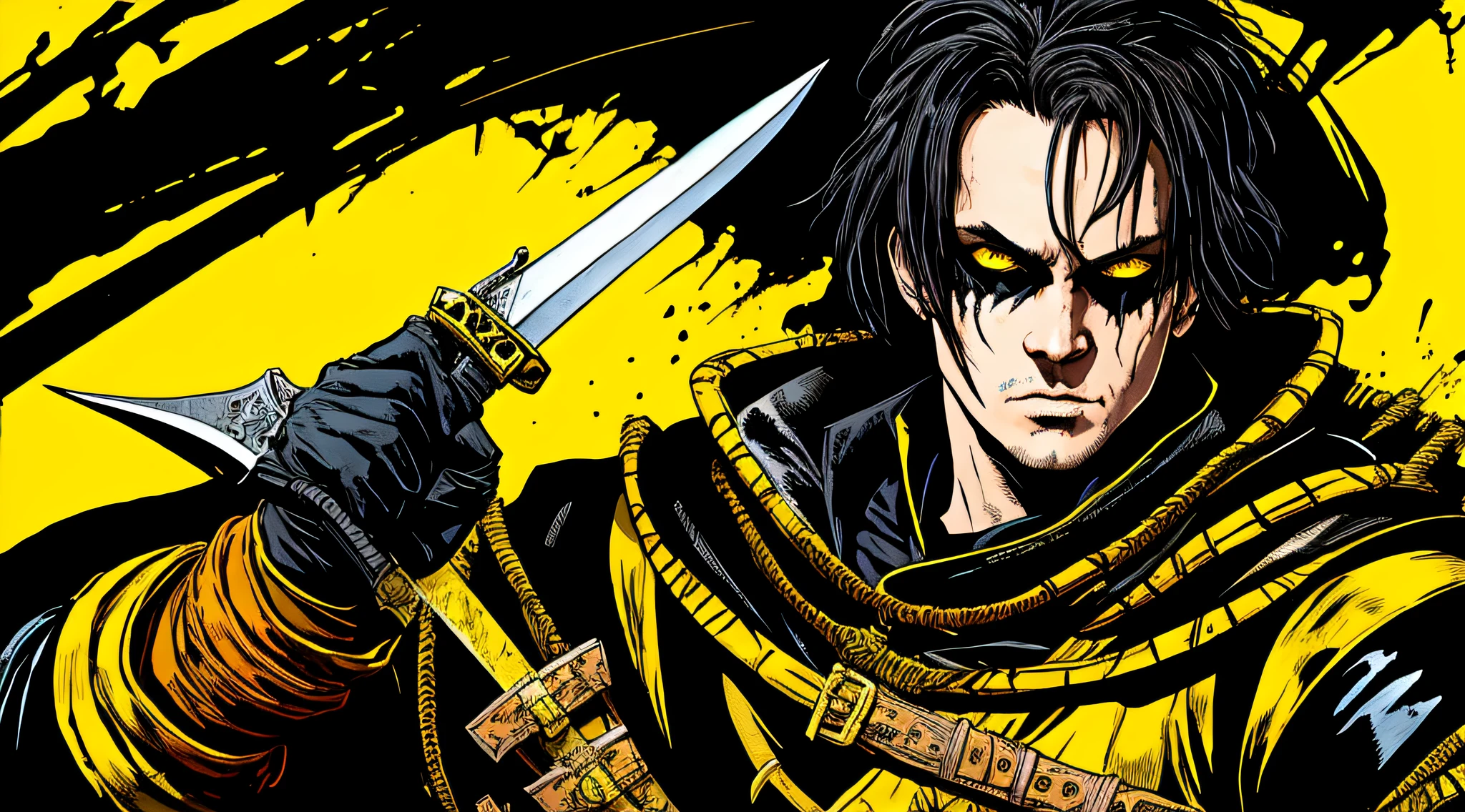 yellow and black, a medieval man, medieval rogue with a dagger, in the style of Mork Borg, strong contrast, grunge dirty punk splash art, black metal zine