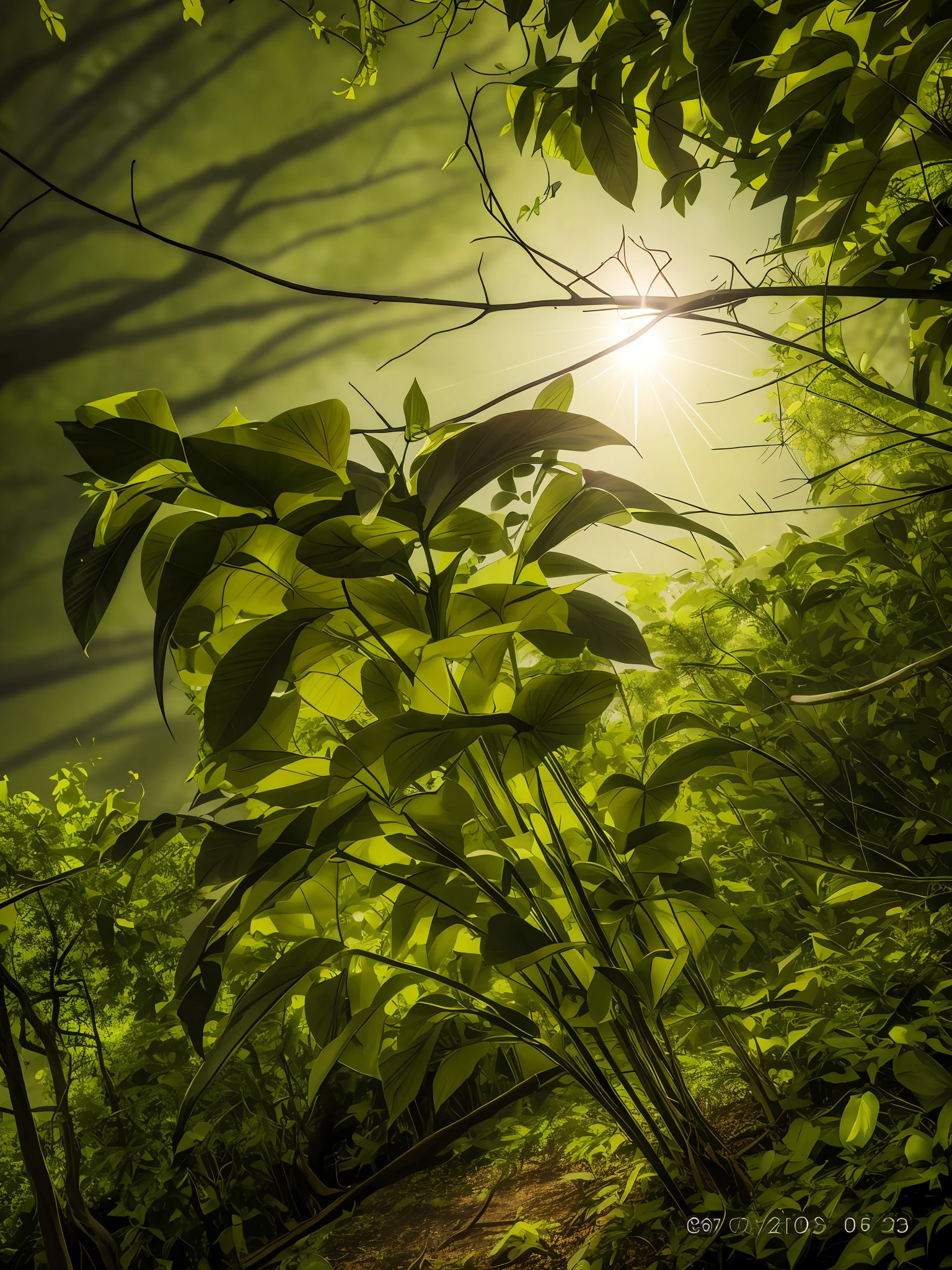 there is a small tree that is growing in the dirt, big leaves and stems, leaves in foreground, the photo shows a large, big leaves foliage and stems, captured with sony a3 camera, tall plants, view from bottom, small and dense intricate vines, taken with sony a7r camera, taken with sony alpha 9, shot from a low angle, woody foliage