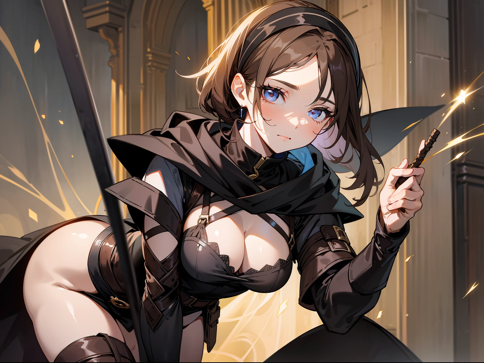 masterpiece, best quality, a mature woman, dark brown hair, hair band, light eyes, ladina, black clothing, black hood, leather armbands, belt, skirt, thigh-high height boots, costume, medieval, night, dynamic pose, beautiful detailed glow.