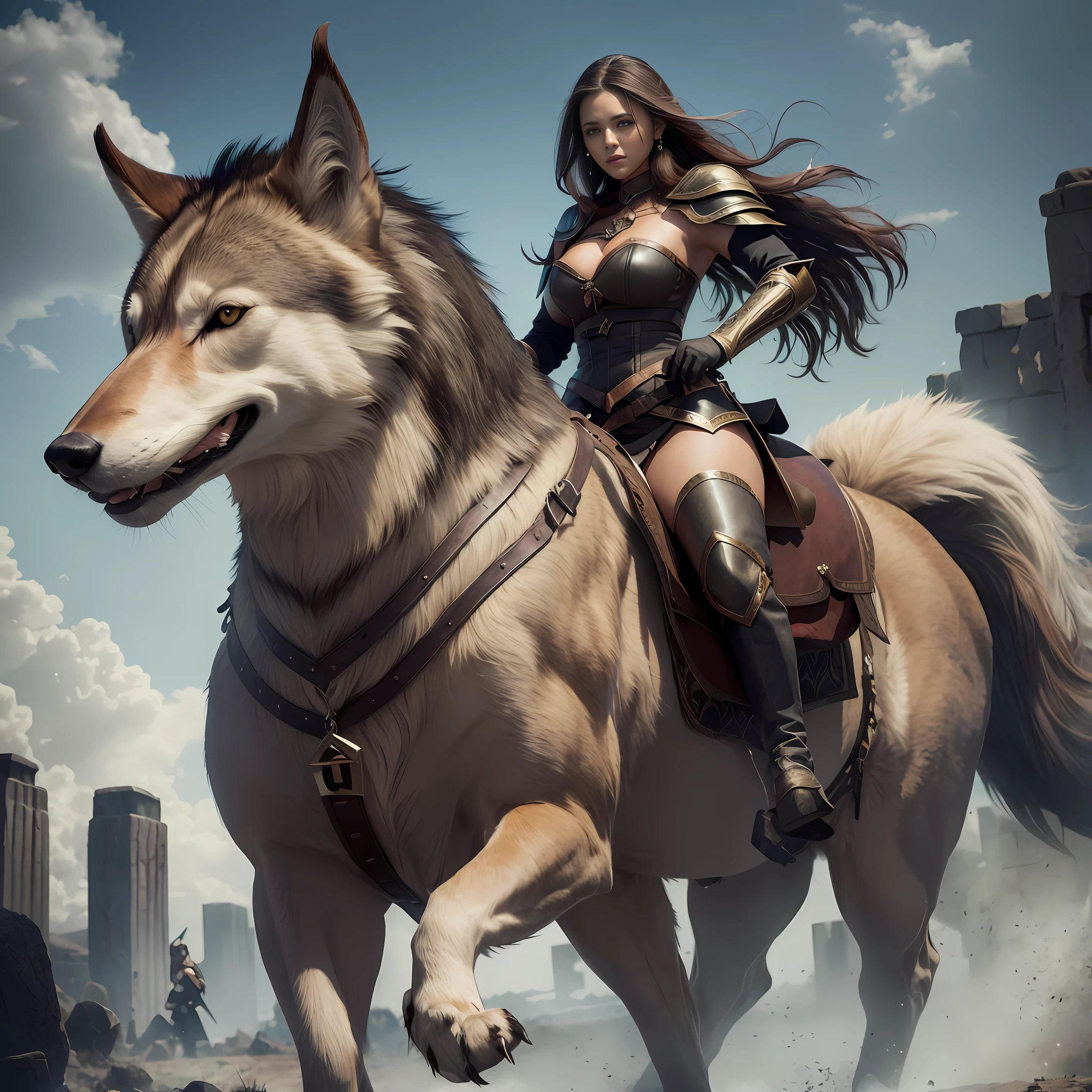 beautiful woman,brown hair,enclosed in a white wolf,giant walked,on black stones,in the middle of the battlefield