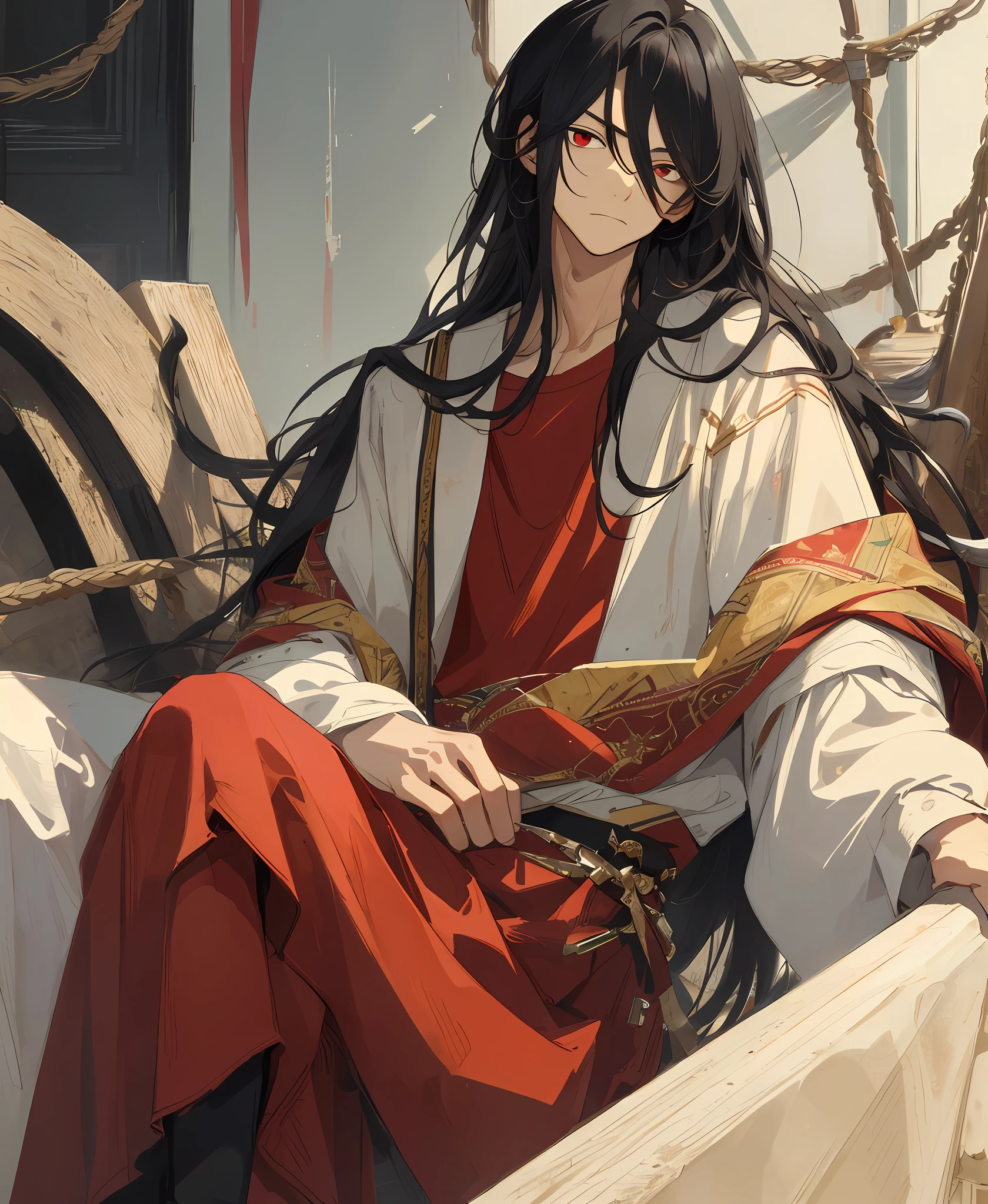 (masterpiece, best quality, high quality), man, ((unimpressed)), sitting, looking at viewer, black hair, (long hair, disheveled hair), red eyes, :(, flowing hair