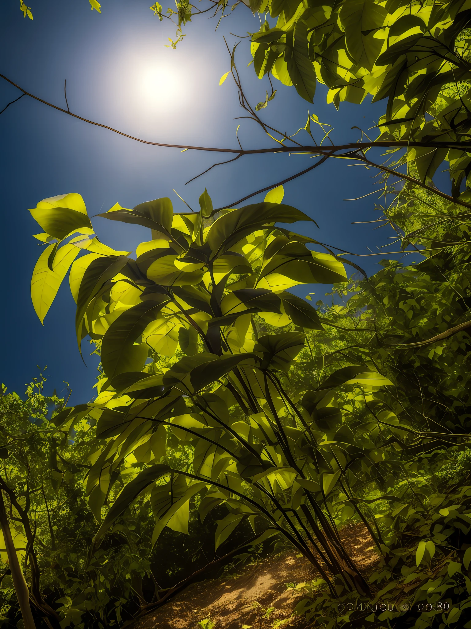 there is a small tree that is growing in the dirt, big leaves and stems, leaves in foreground, the photo shows a large, big leaves foliage and stems, captured with sony a3 camera, tall plants, view from bottom, small and dense intricate vines, taken with sony a7r camera, taken with sony alpha 9, shot from a low angle, woody foliage