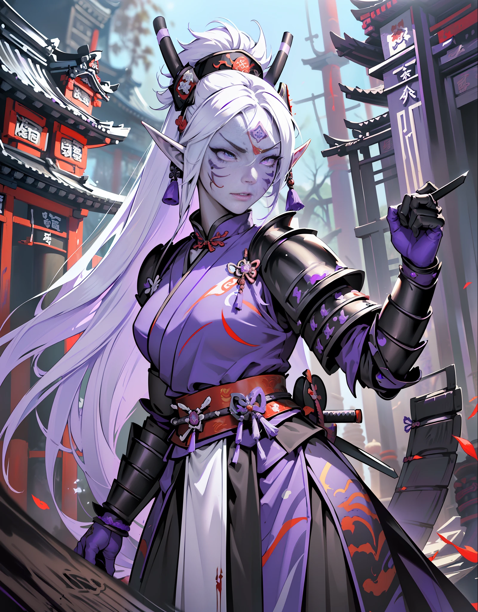 (extremely detailed 8k wallpaper:1.2), (best quality:1.2), (adventure and fantasy theme), profile (Dungeons & Dragons RPG character), ((((black elf race woman)))), (((drow))), (((asiatica))), young, beautiful, sexy, sharp focus, (subsurface scattering:1.1), award-winning photograph, ((Antipaladine Class:1.3)), ((half-body shot:1.1)), centered face, very long white hair, (((face painted white with red Chinese paint))), oriental painting of geisha on face, bright lilac eyes:1.2, malicious expression, villainous, evil, (((((black and purple samurai armor))))), holding samurai sword with black energy, (standing before eastern temple ruin:1.3), (very detailed background:1.2), dramatic lighting, sfw