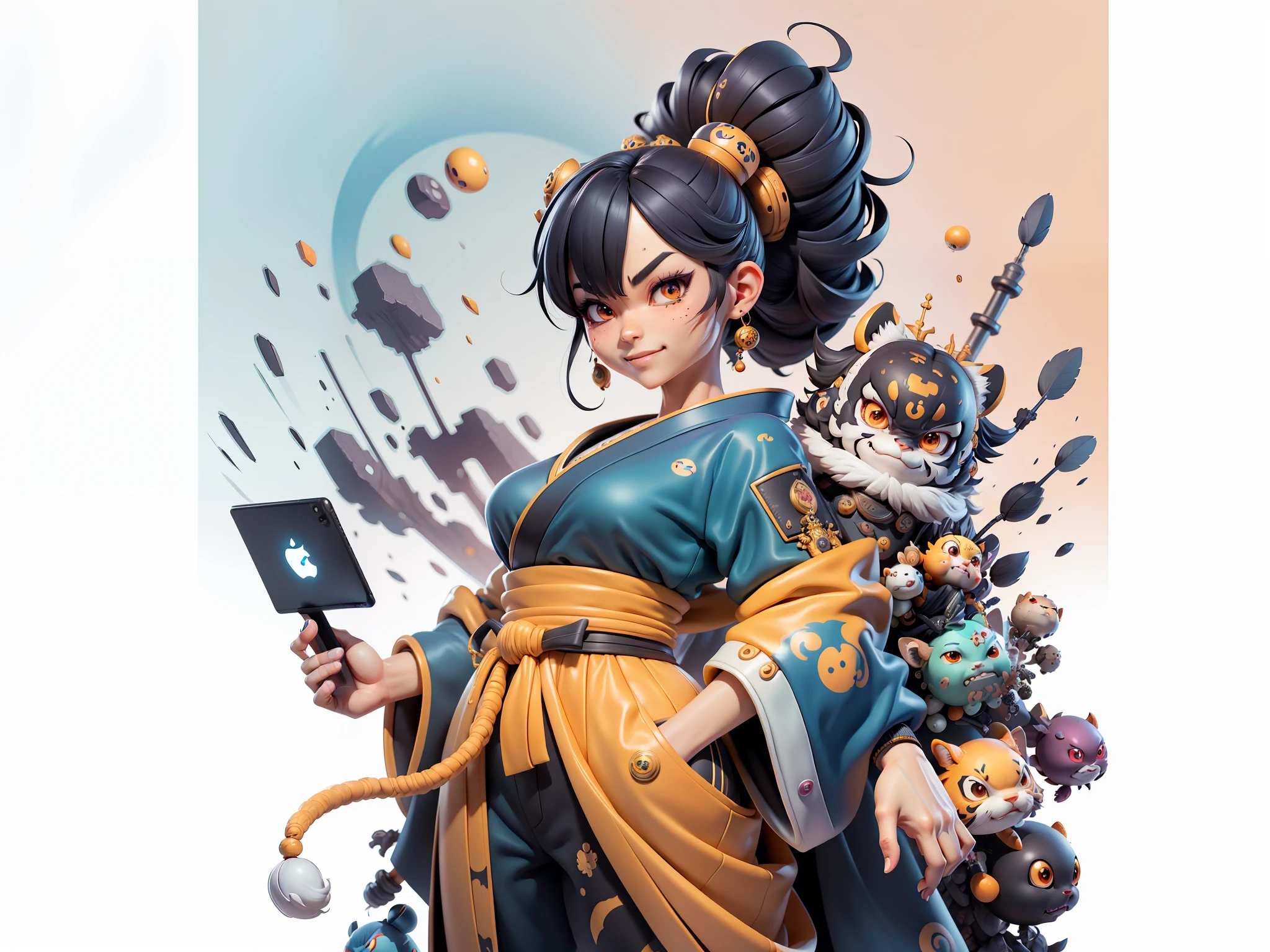 (Masterpiece), (Extreme Quality), (Super Meticulous), (Full Body: 1.2), Super Young Woman, Japanese Female Geisha, Beauty, Chinese Dragon, Tiger, Fengshen Thor, Sexy, Bursting, Oriental Face, TV Anchor, Bust Portrait Illustration, Alone, Black Suit, Blue Tie, Slightly Chubby, Very Clean Face, No Beard, Black Super Short Hair, Black Eyes, Confident Smile, 3c Computer Sub-Products, iPad, iPhone, Digital Painting, 3D character design by Mark Clairedon and Pixar and Hayao Miyazaki and Akira Toriyama, the illustrations are HD illustrations in 4K resolution with highly detailed facial features and cartoon-style visuals.