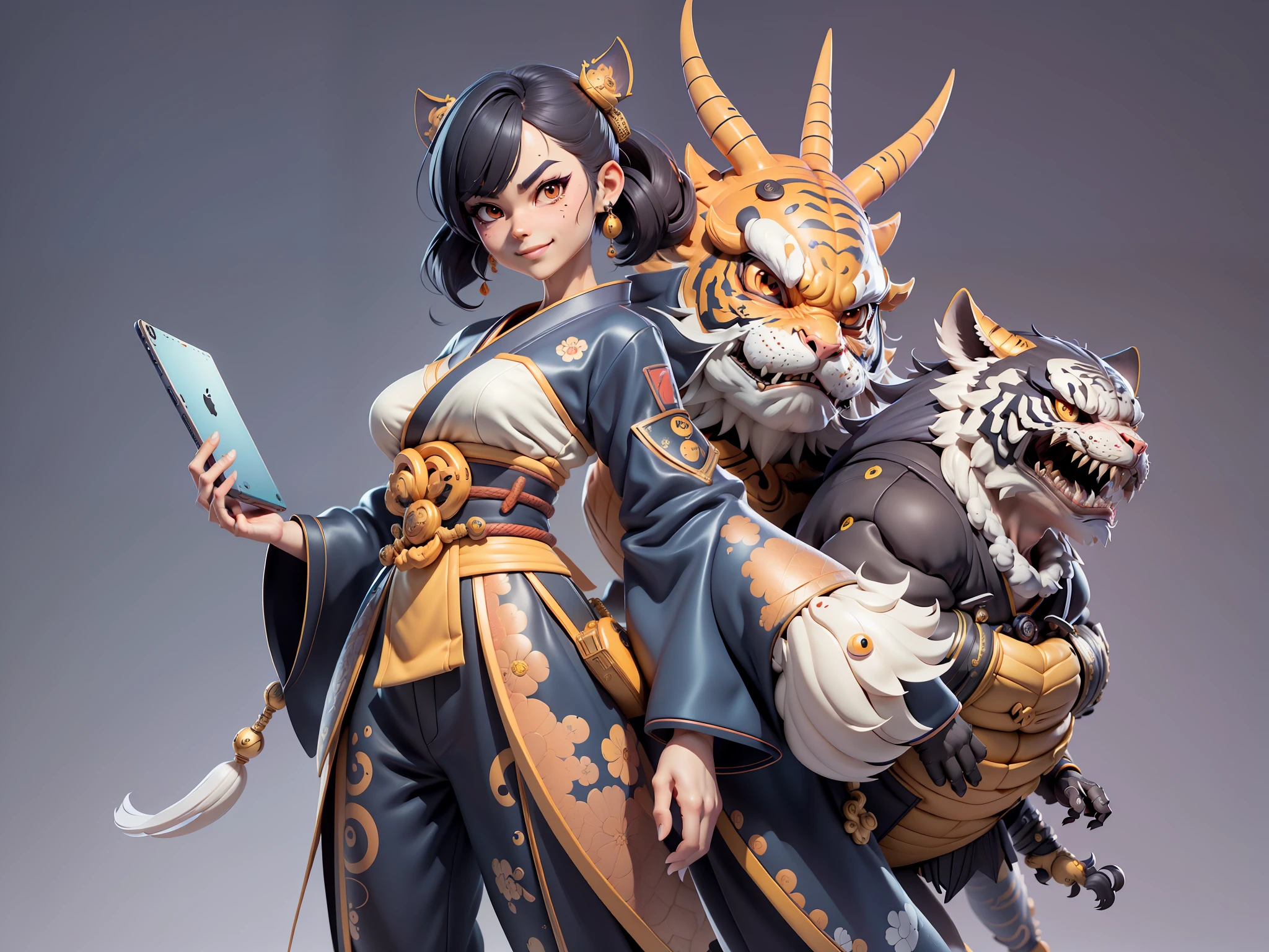 (Masterpiece), (Extreme Quality), (Super Meticulous), (Full Body: 1.2), Super Young Woman, Japanese Female Geisha, Beauty, Chinese Dragon, Tiger, Fengshen Thor, Sexy, Bursting, Oriental Face, TV Anchor, Bust Portrait Illustration, Alone, Black Suit, Blue Tie, Slightly Chubby, Very Clean Face, No Beard, Black Super Short Hair, Black Eyes, Confident Smile, 3c Computer Sub-Products, iPad, iPhone, Digital Painting, 3D character design by Mark Clairedon and Pixar and Hayao Miyazaki and Akira Toriyama, the illustrations are HD illustrations in 4K resolution with highly detailed facial features and cartoon-style visuals.