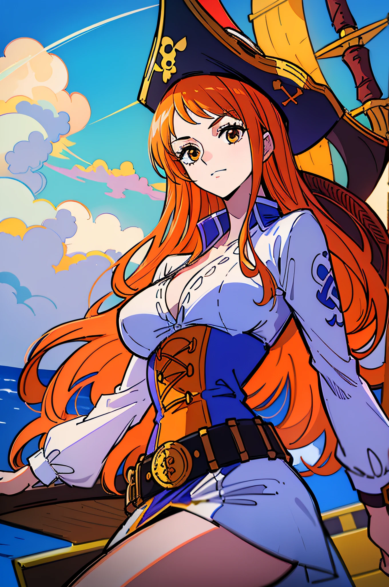 (((masterpiece+best quality+high resolution+ultra-detailed))), 1girl with clima-tact, Nami, long silky orange hair, high nose, sharp eyes, noble and inviolable temperament, (([female]: 1.2 + [beauty]: 1.2 + orange long hair: 1.2)), pirate ship background, blue sky, clouds, bracelets, white long sleeve mini dress and donned another belt, bright eyes, dynamic angle and posture.