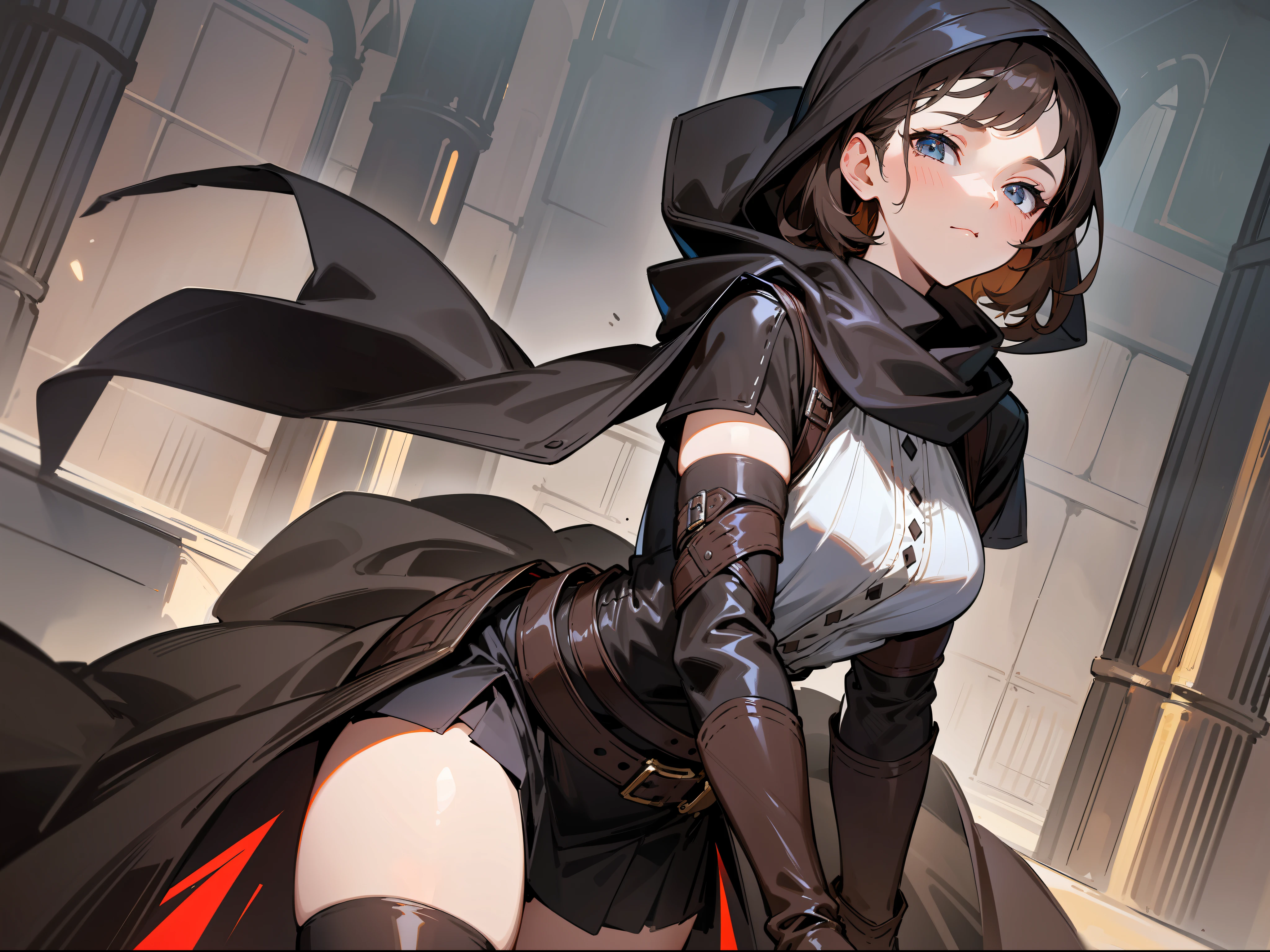 masterpiece, best quality, a mature woman, dark brown hair, light eyes, ladina, black clothing, black hood, leather armbands, belt, skirt, thigh-high height boots, costume, medieval, night, dynamic pose, beautiful detailed glow.
