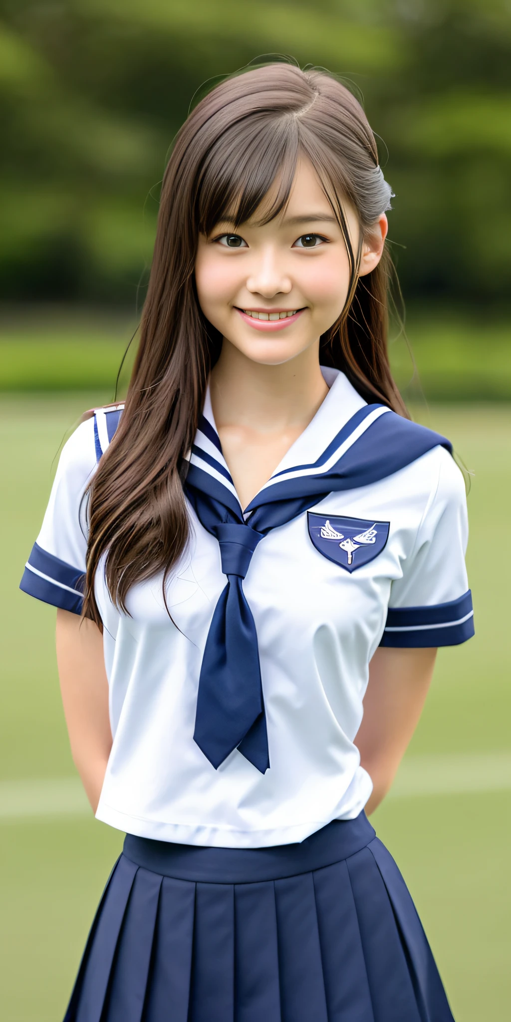 neat college girl, (school uniform, sailor uniform, ribbon tied at chest, summer uniform, upper body white, skirt is navy blue), outside the athletic field, (slim), photorealistic, detail, skin texture, ultra detail, delicate and sexy collarbone, smile, super detailed face, detailed lips, detailed eyes, double eyelids, small breasts, small breasts, small, flat breasts, breast emphasis