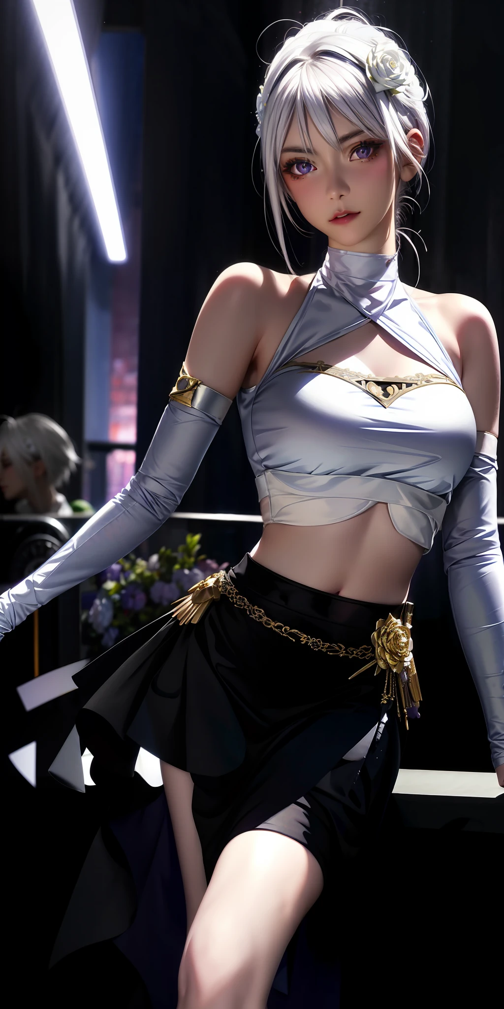 realistic, 1girl, white hair, purple eyes, glowing eyes, crop top, skirt, parted lips, blush, night, flowers, sun, sunlight,