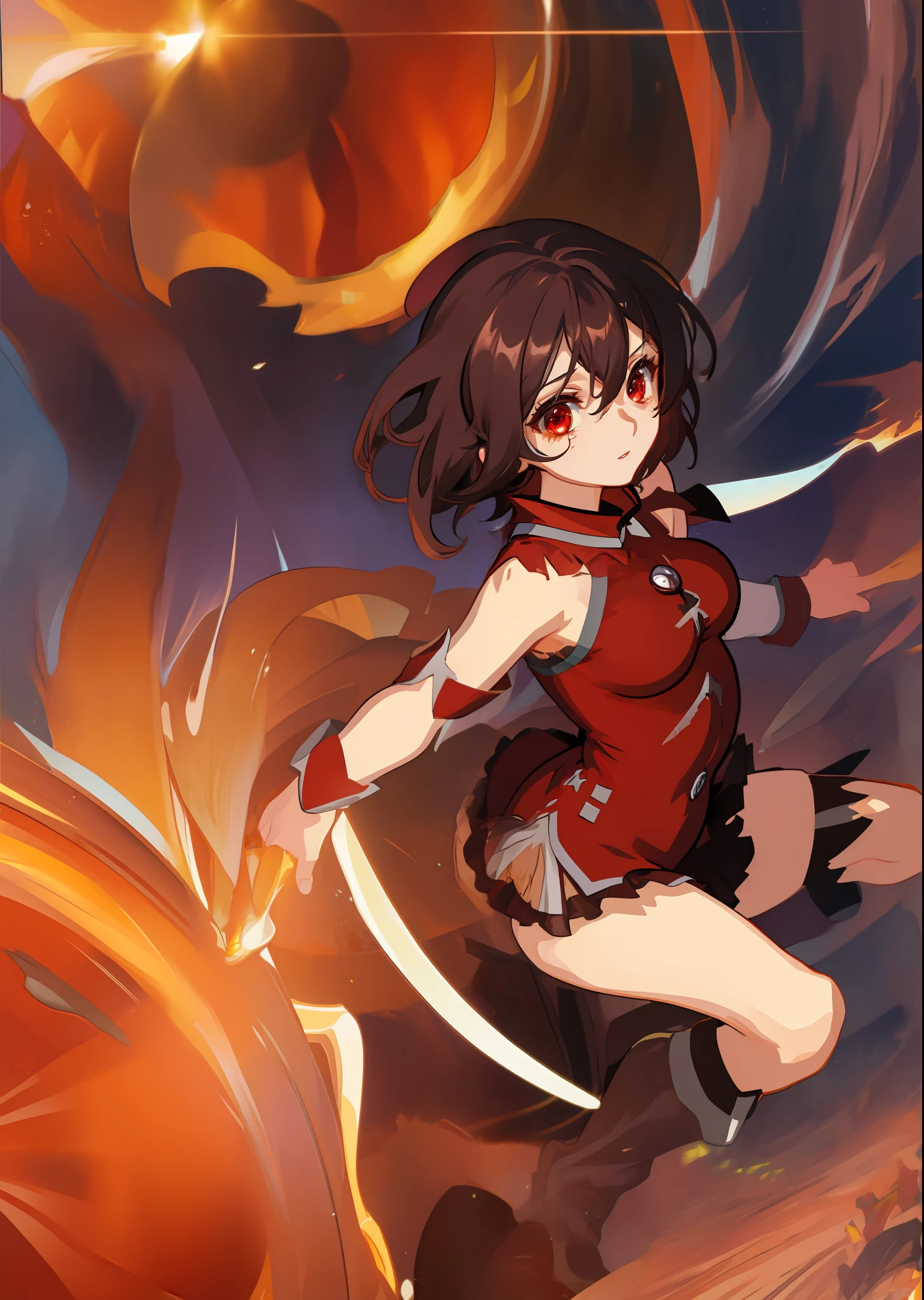 (master piece), (ultra quality), (anime) mage girl, very big breasts, very big hips, skinny, tiny waist, brown short hair, red eyes, megumin konosuba, in a field, art made by artgerm, very torn clothes