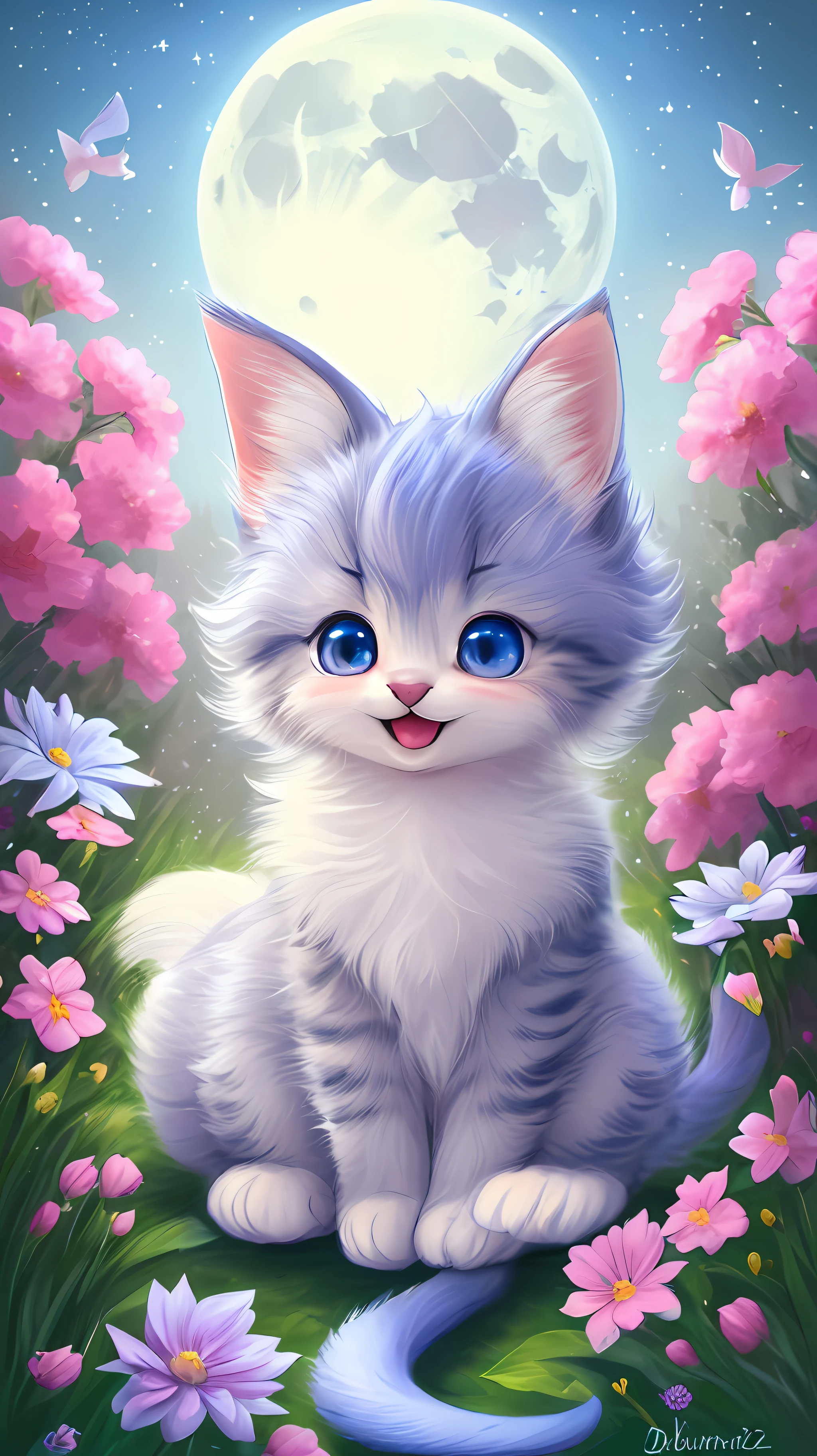 A kitten with a tiny tail, a small nose, small ears, blue eyes, pink background, flowers, vases, dreams, open mouth, smile, Caroline Chariot-Dayez pastels, tumblr, furry art, elokitty, Disney's Bambi cat, Disney's stylized furry, ears floating, fluffy tail, fluffy '', fluffy !!!, high resolution, furry art!!! The moon, small in size