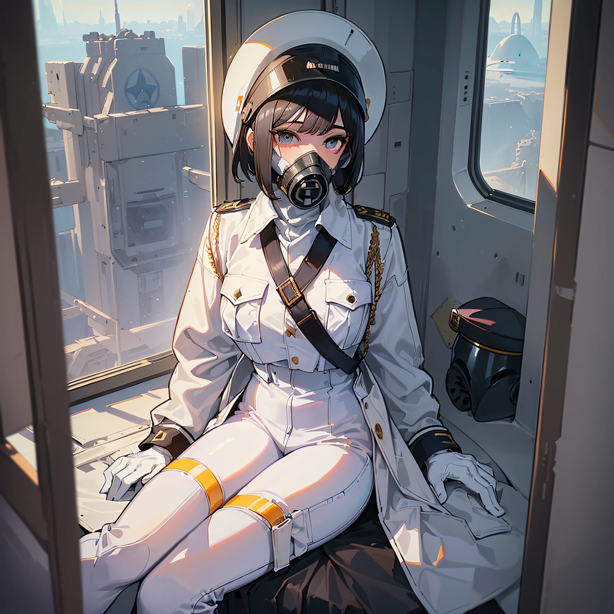 ((Masterpiece)), ((Best Quality)), ((Best Quality)), (Illustration of One Girl), Full Body, Black Hair Bob Cut, (((Gas Mask)), Face Invisible, (((Tall)), ((Military Uniform)), ((Military Hat)), (White Clothes), (White Pants), (White Hat), ((Inside the Spaceship)), (Outside the Window, Space)
