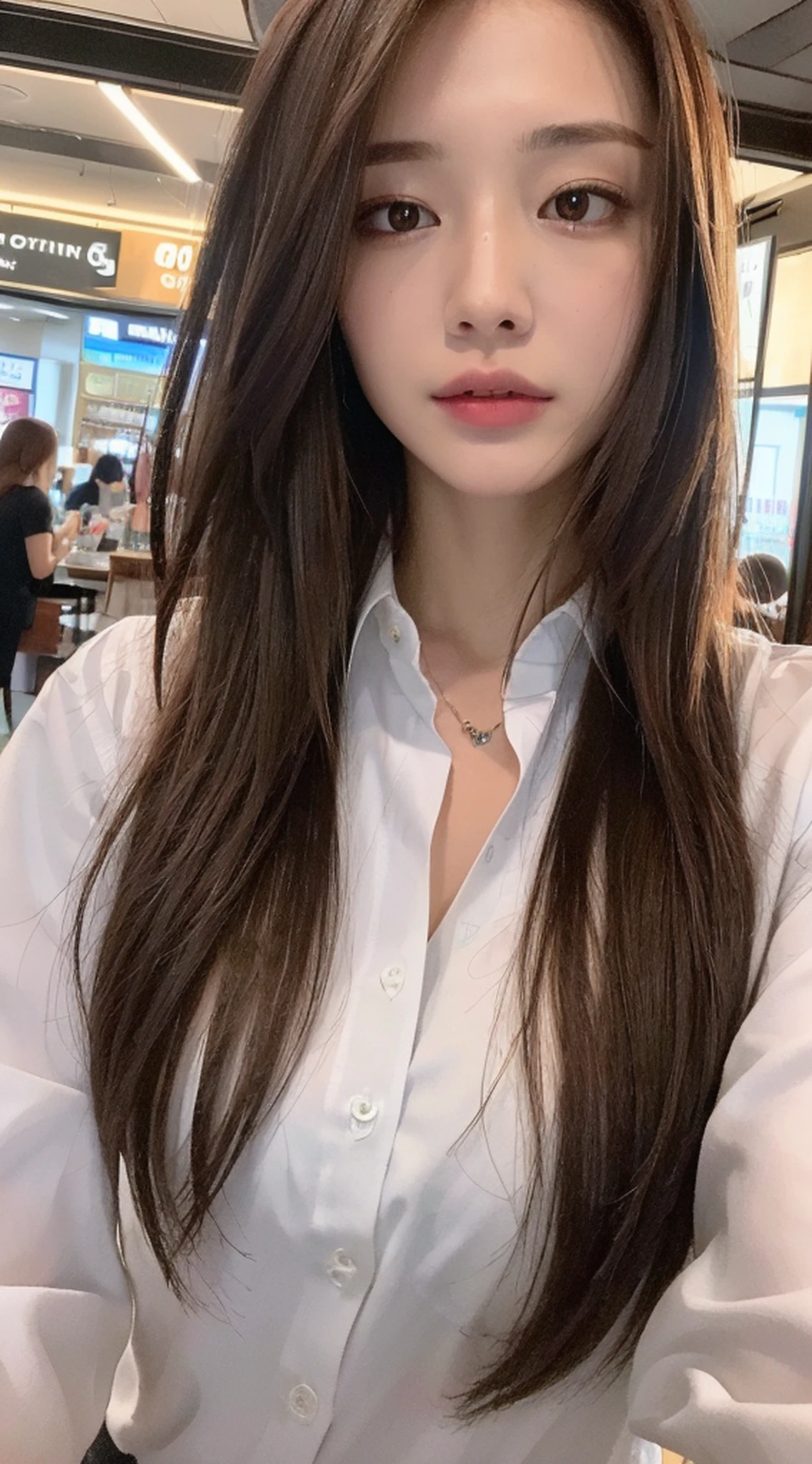 ((Best quality, 8k, Masterpiece :1.3)), Sharp focus :1.2, A pretty woman with perfect figure :1.4, Slender abs :1.2, ((Dark brown hair, Big breasts :1.2)), (White button up long shirt :1.1), City street:1.2, Highly detailed face and skin texture, Detailed eyes, Double eyelid