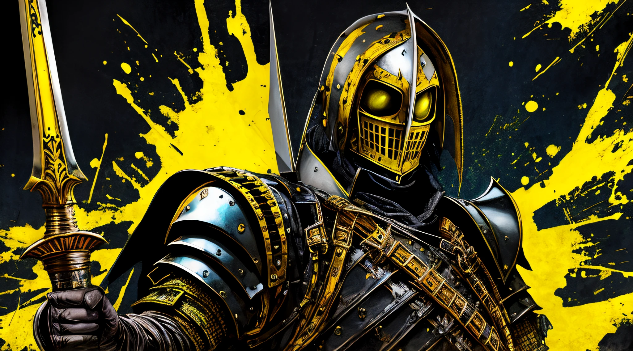 yellow and black, a medieval thin man, medieval armor, with a dagger, in the style of Mork Borg, strong contrast, grunge dirty punk splash art, black metal zine
