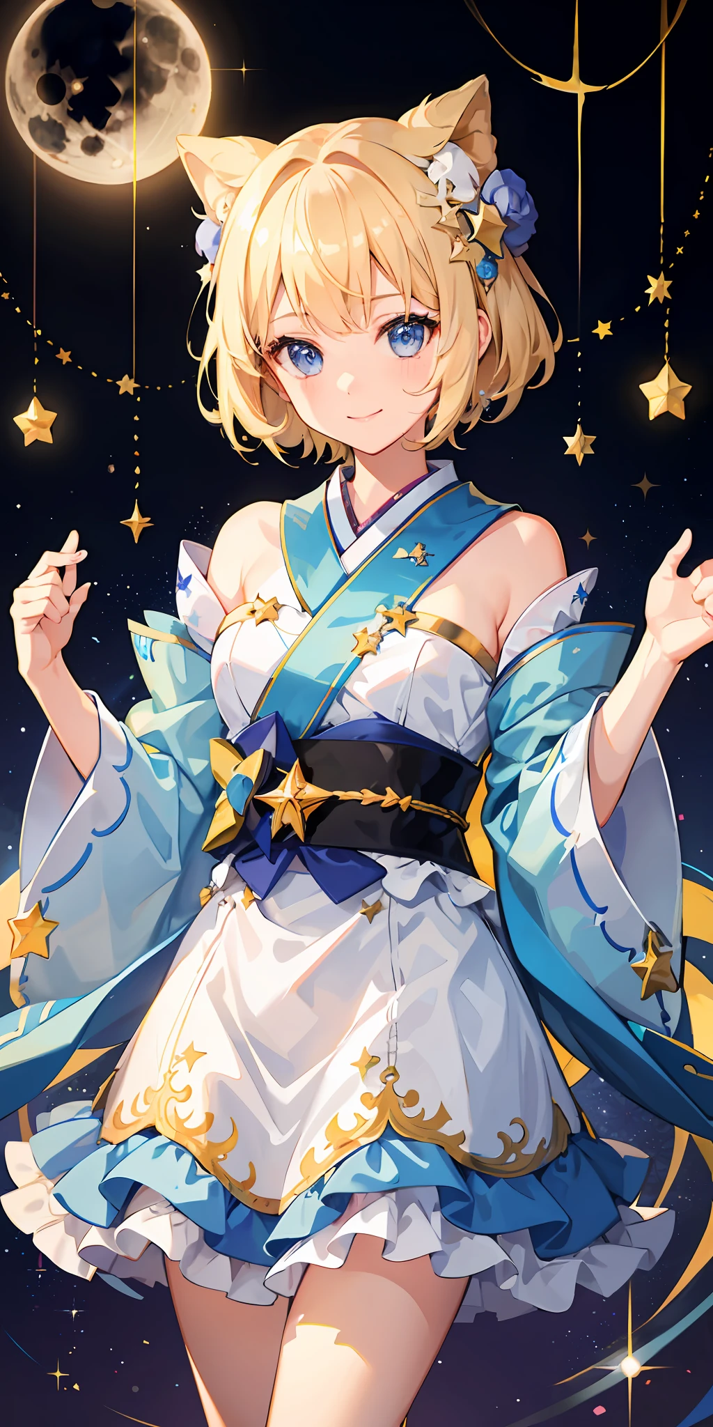 1girl, bright, blonde, light blue eyes, heart motif, star, moon, short hair, uniform bangs, multicolored hair, princess, saleme, side lights, light particles, wallpaper, big, plump, idol, idol costume, cute costume, fabulous costume, kimono, loose, smile, gentle, clear, loli, sexy