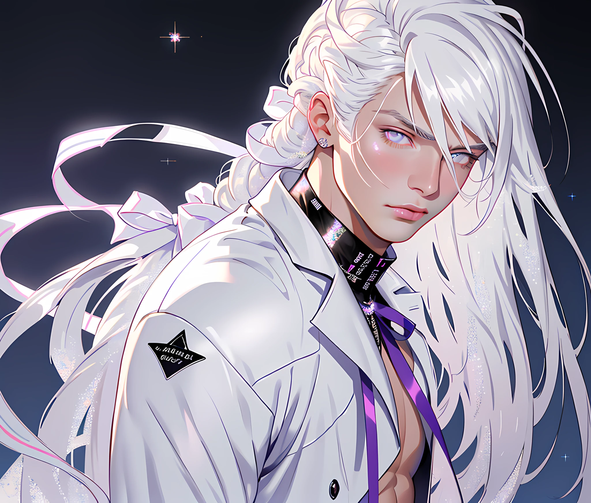 masterpiece, highest quality, (perfect face:1.1), (high detail:1.1), angel with long voluminous white hair, soft hair, neon white eyes, solo ,1guy, long hair, white luxury suit, Roses,ribbons detailed background, realistic, covered navel, pouty lips, curvy guy, perfectly drawn face, cinematic lighting, balenciaga, glitter