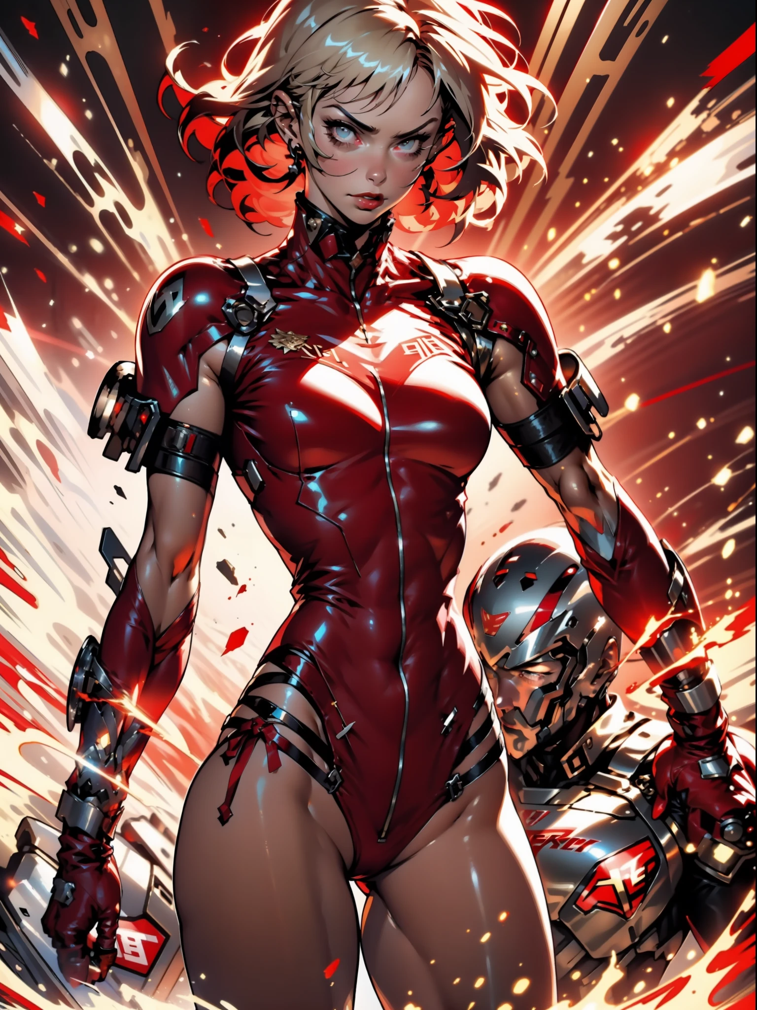 ((Best quality)), ((masterpiece)), (detailed: 1.4), A muscular 35-year-old Russian warrior woman almost naked in the Simon Bisley style for the cover of Heavy Metal magazine, bare thighs, tiny thong, navel, garter belt, super short blonde hair, clean face, Minimum clothing, red carbon fiber clothing in chevron pattern, (((red clothing))), (((short-cut))), ((Annie Lennox)), (((mature woman))), full body, ((((tiny red thong )))
