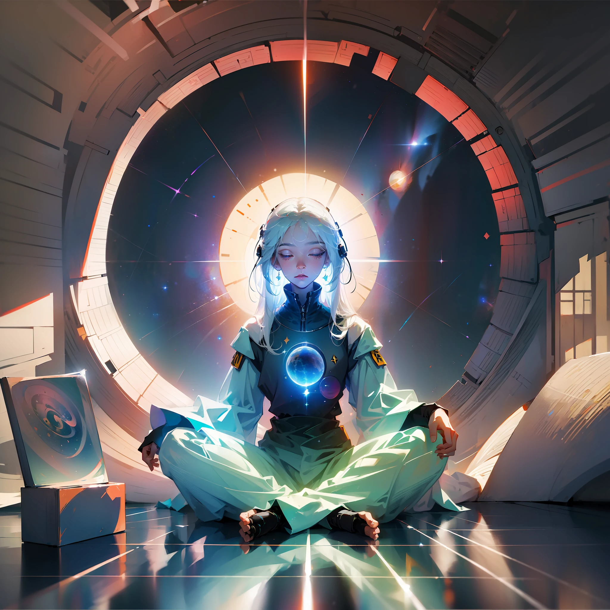 (masterpiece:1.5), ultra-detailed space, space background,(man meditating),long hair, white hair, spacesuit, size 9:16, 4k, detailed lights and reflections --auto --s2