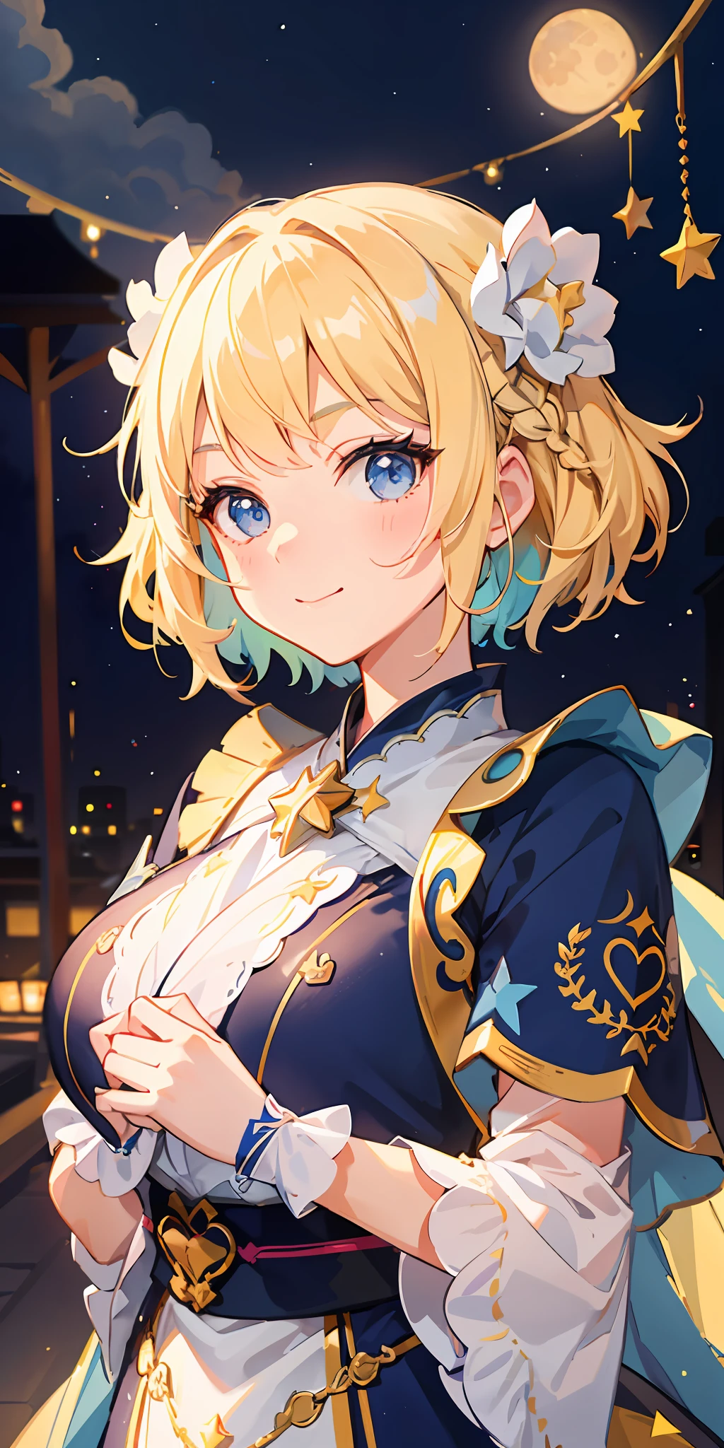 1girl, bright, blonde, light blue eyes, heart motif, star, moon, short hair, uniform bangs, multicolored hair, princess, saleme, side lights, light particles, wallpaper, big, plump, idol, idol costume, cute costume, fabulous costume, kimono, loose, smile, gentle, clear, , sexy