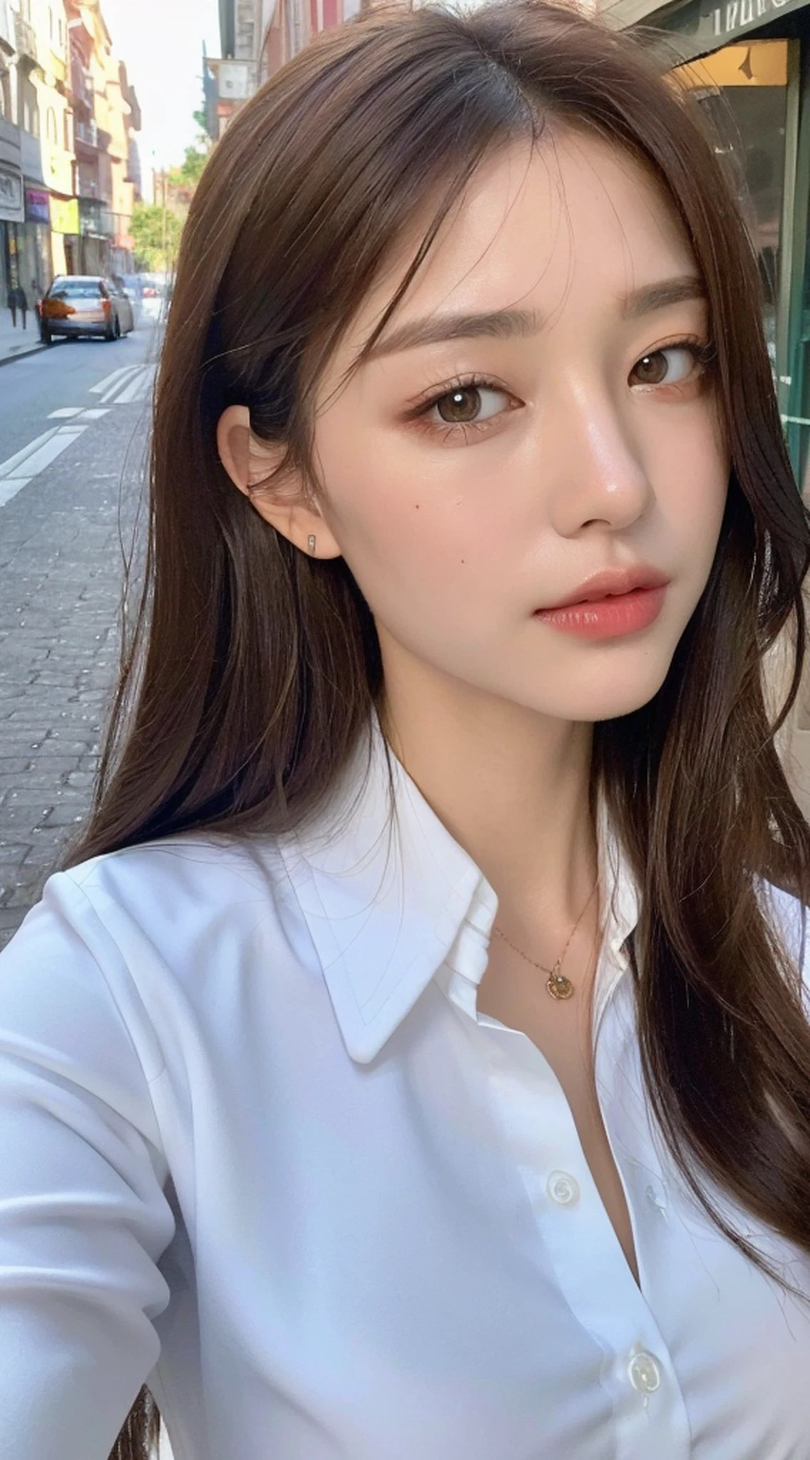 ((Best quality, 8k, Masterpiece :1.3)), Sharp focus :1.2, A pretty woman with perfect figure :1.4, Slender abs :1.2, ((Dark brown hair, Big breasts :1.2)), (White button up long shirt :1.1), City street:1.2, Highly detailed face and skin texture, Detailed eyes, Double eyelid