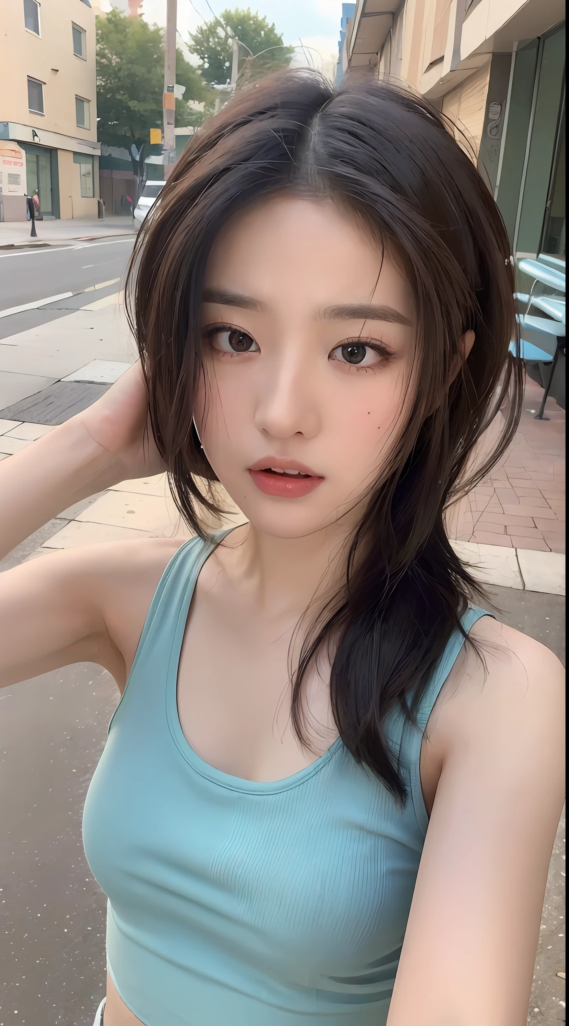 ((Best quality, 8k, Masterpiece :1.3)), Sharp focus:1.2, Perfect Body Beauty:1.4, Slim Abs:1.2, ((Layered hairstyle, Naughty expression: 1.2)), (Tank top shirt:1.1), (Street:1.2), Highly detailed face and skin texture, Fine eyes, Double eyelids