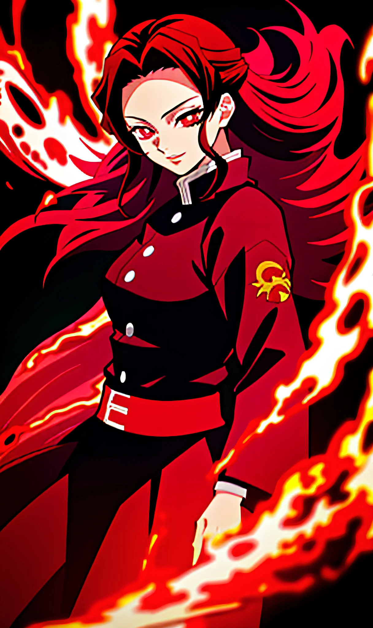 Kimetsu no Yaiba style Flame Hashira, a woman in a red and black Demon Slayer Uniform surrounded by fire, red hair, red eyes, anime illustration, high detail, high contrast, dark colors